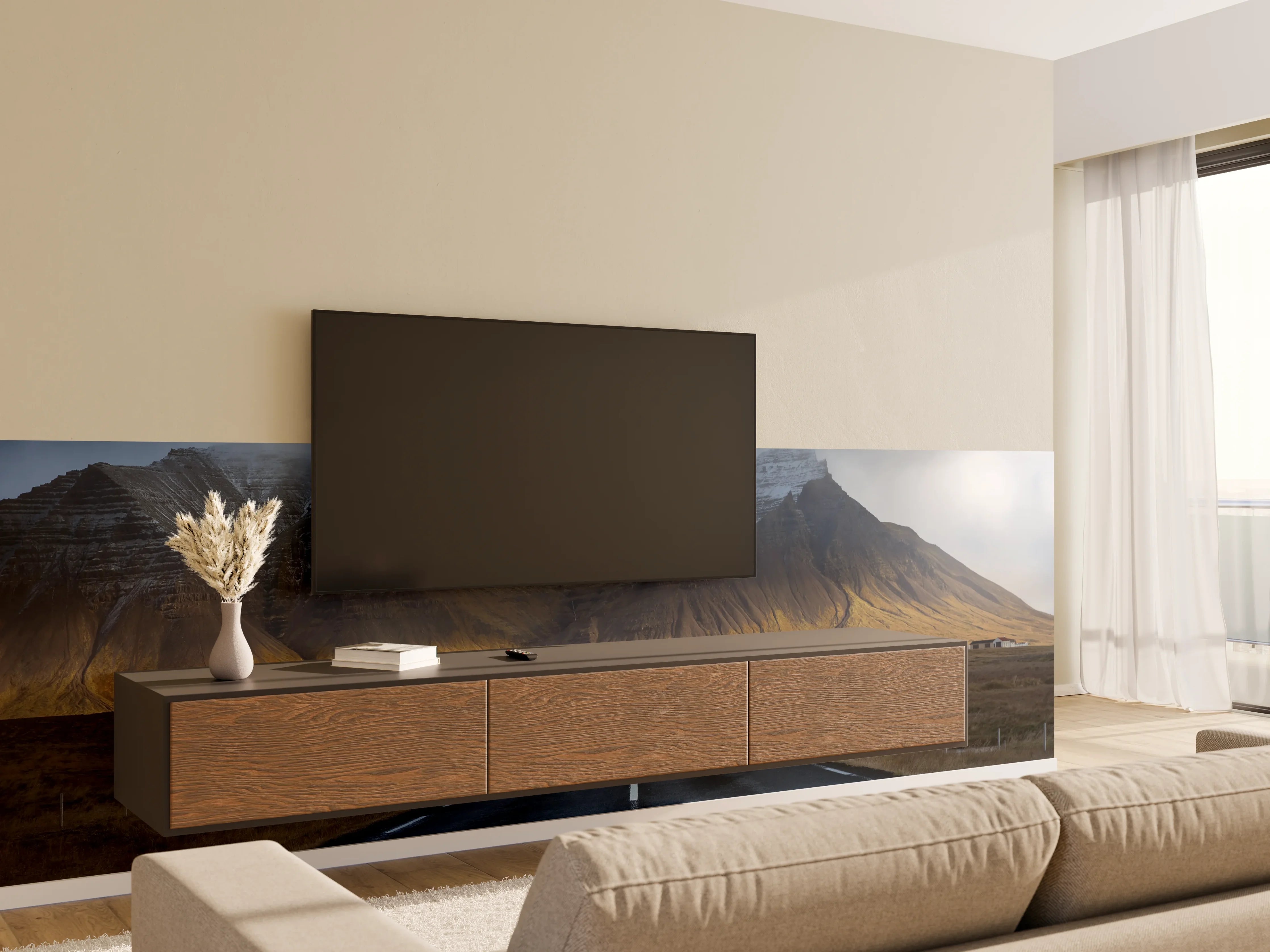 Wandverkleidung Wohnzimmer - Mystische Vulkanlandschaft bei Nebel