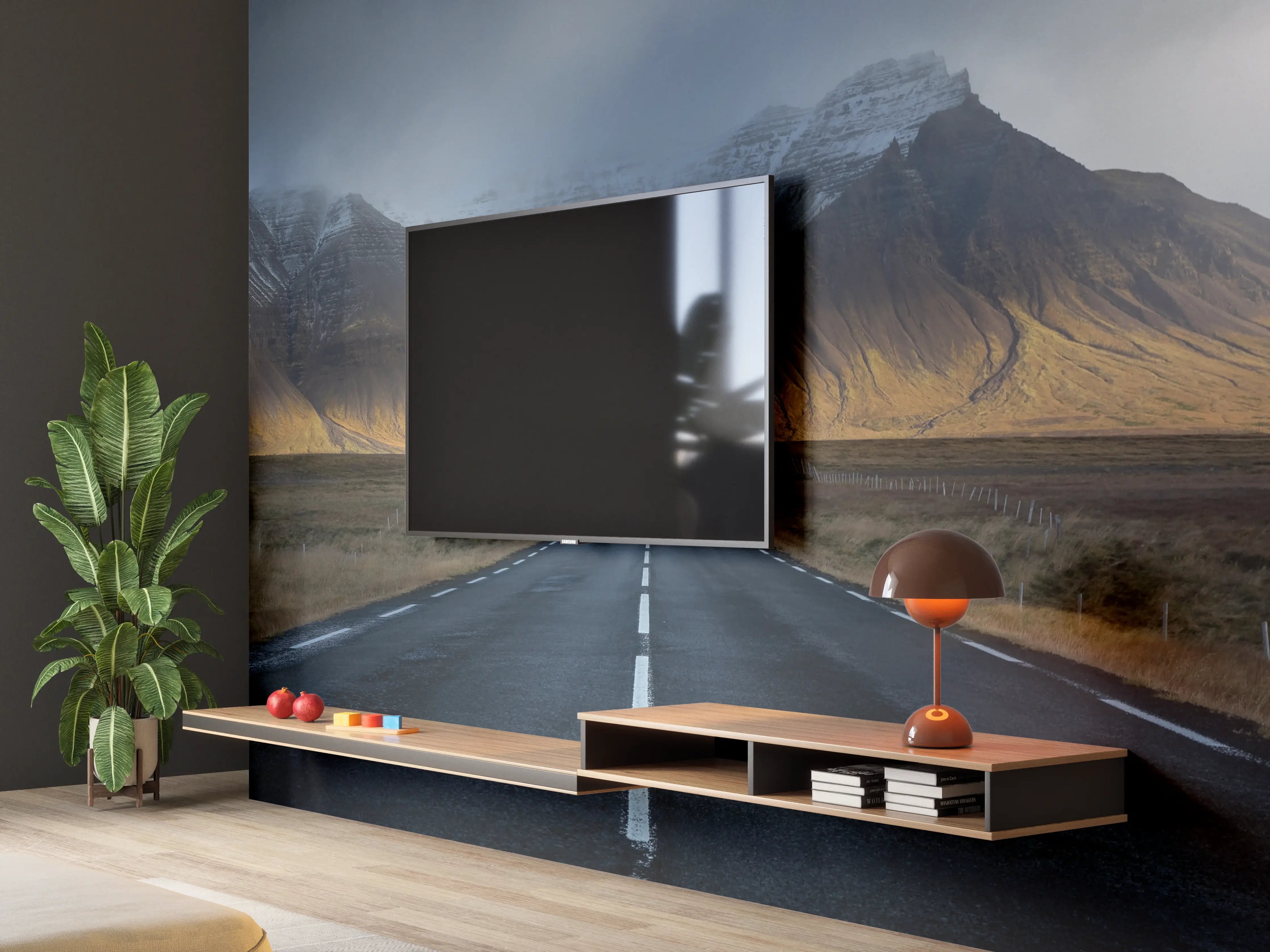 Wandverkleidung Wohnzimmer - Mystische Vulkanlandschaft bei Nebel