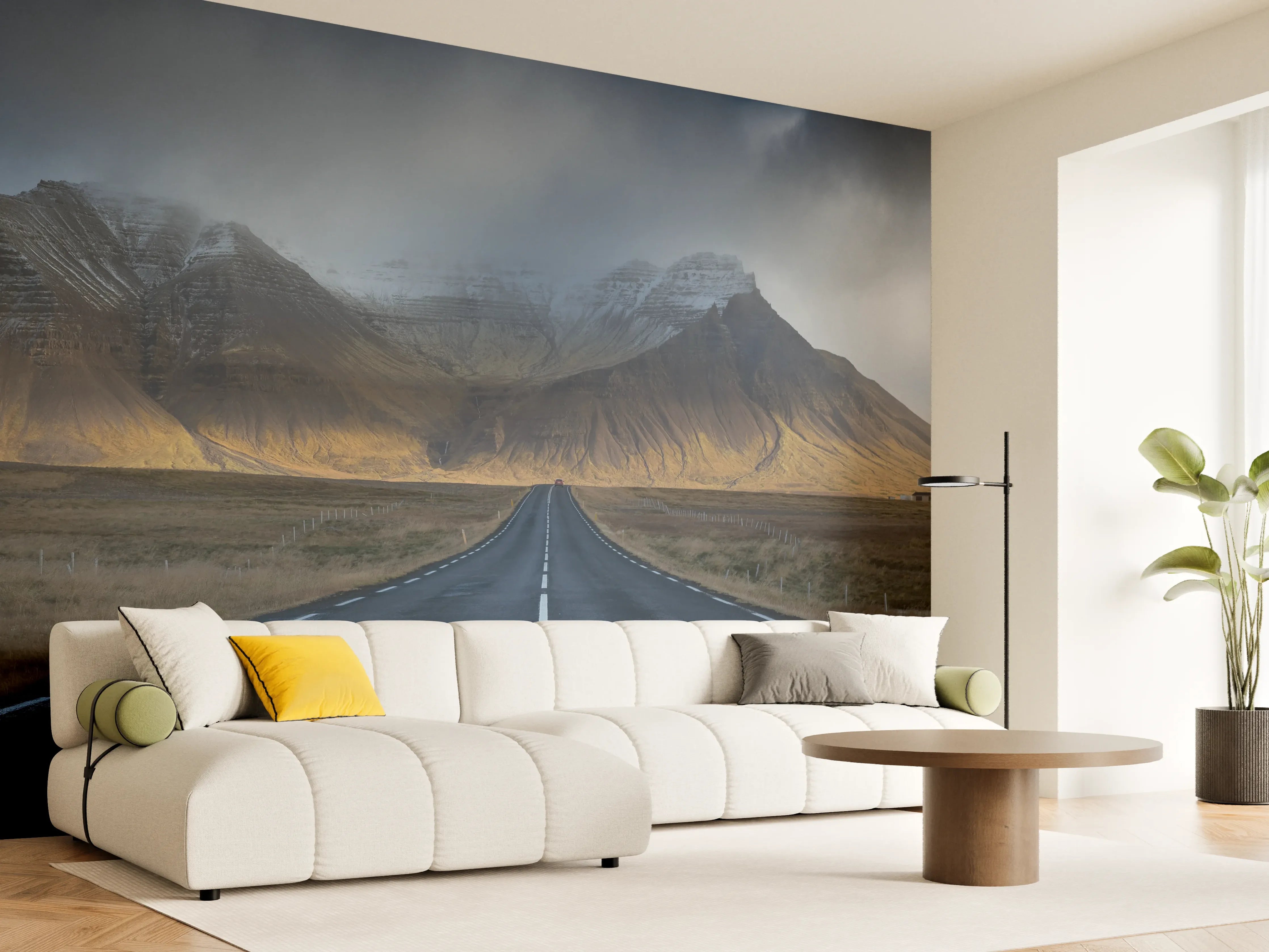 Wandverkleidung Wohnzimmer - Mystische Vulkanlandschaft bei Nebel