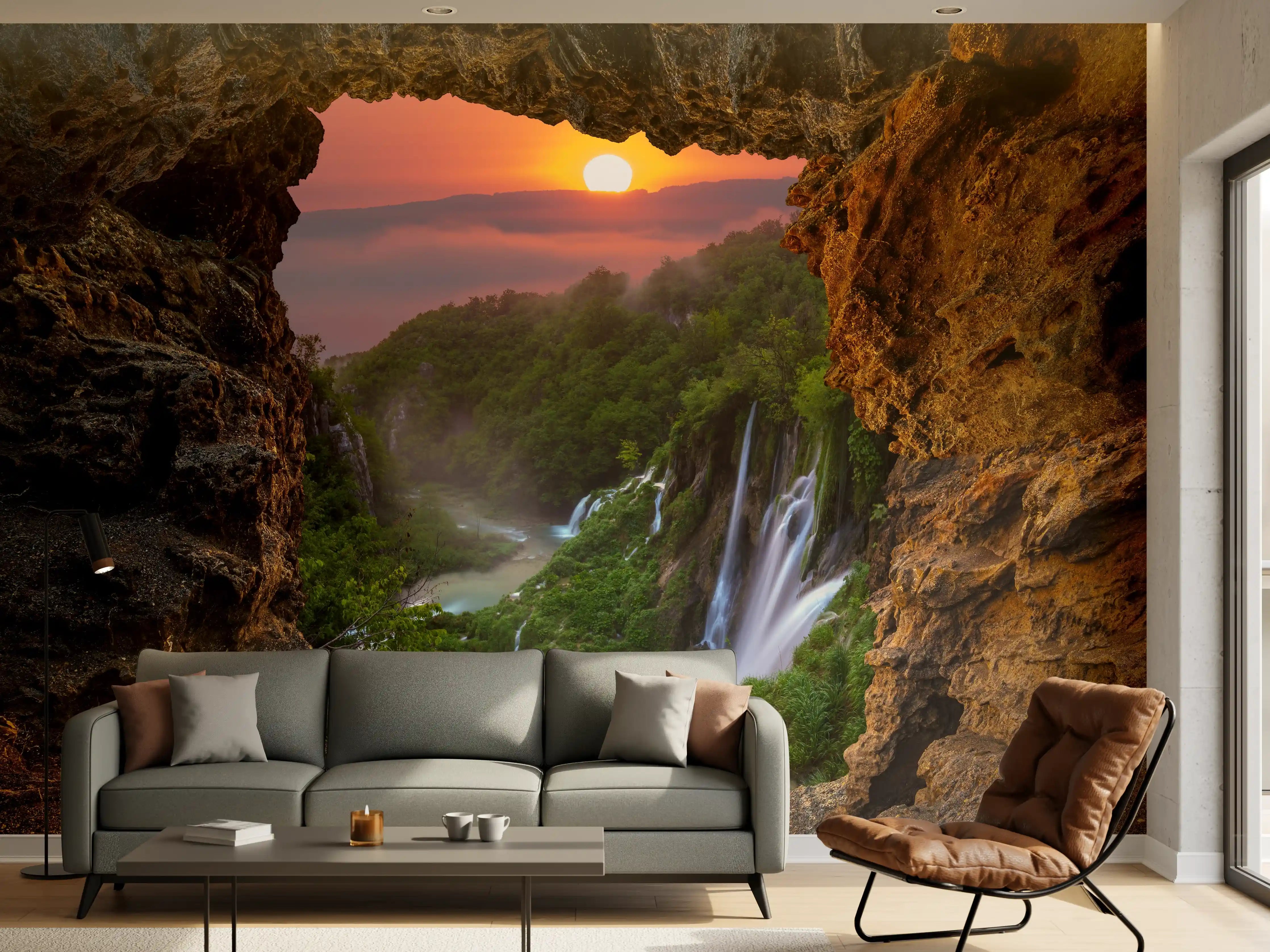 Wandverkleidung Wohnzimmer - Mystische Wasserfall-Landschaft bei Sonnenaufgang