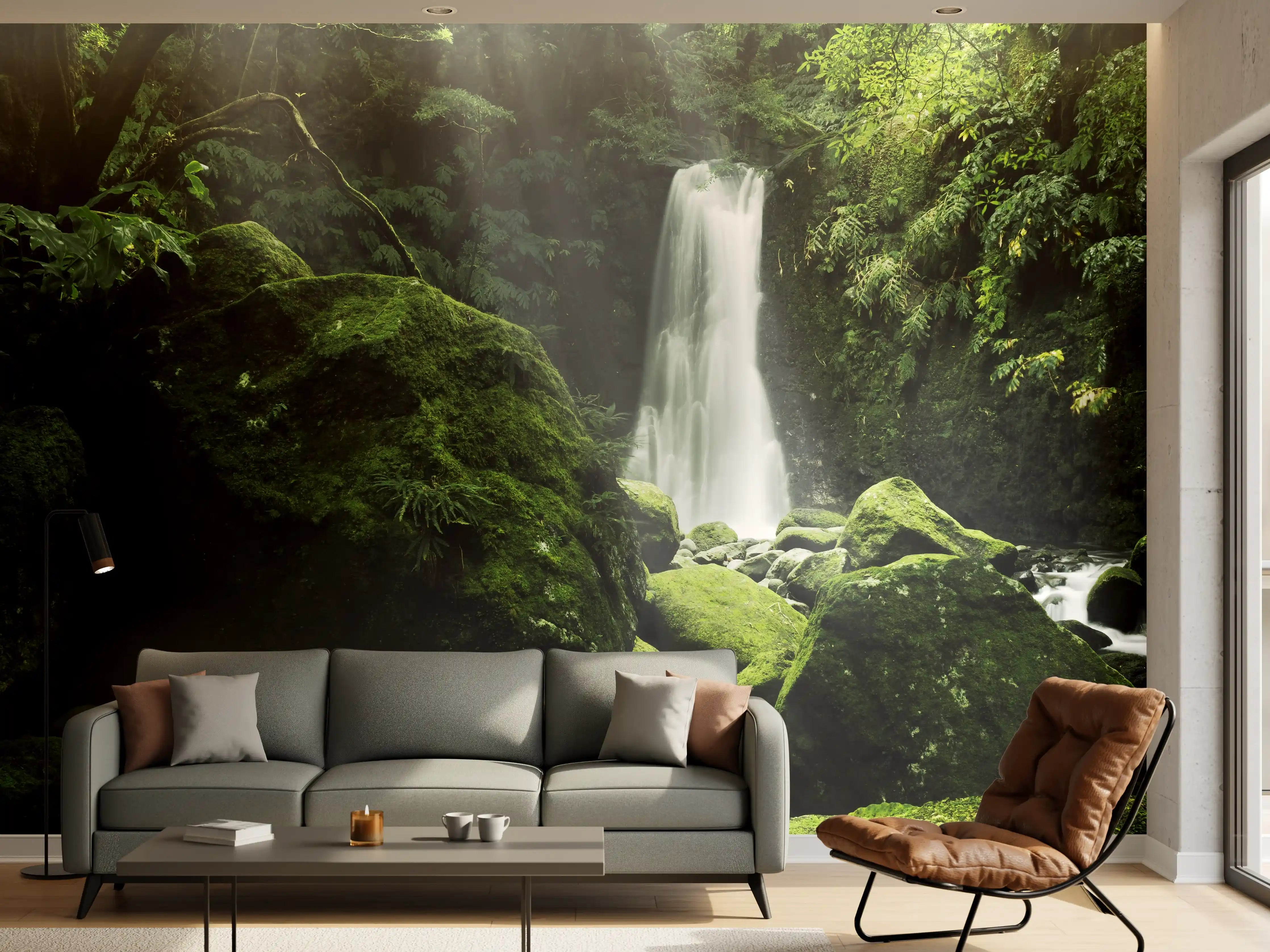 Wandverkleidung Wohnzimmer - Mystische Wasserfall-Landschaft im Grünen