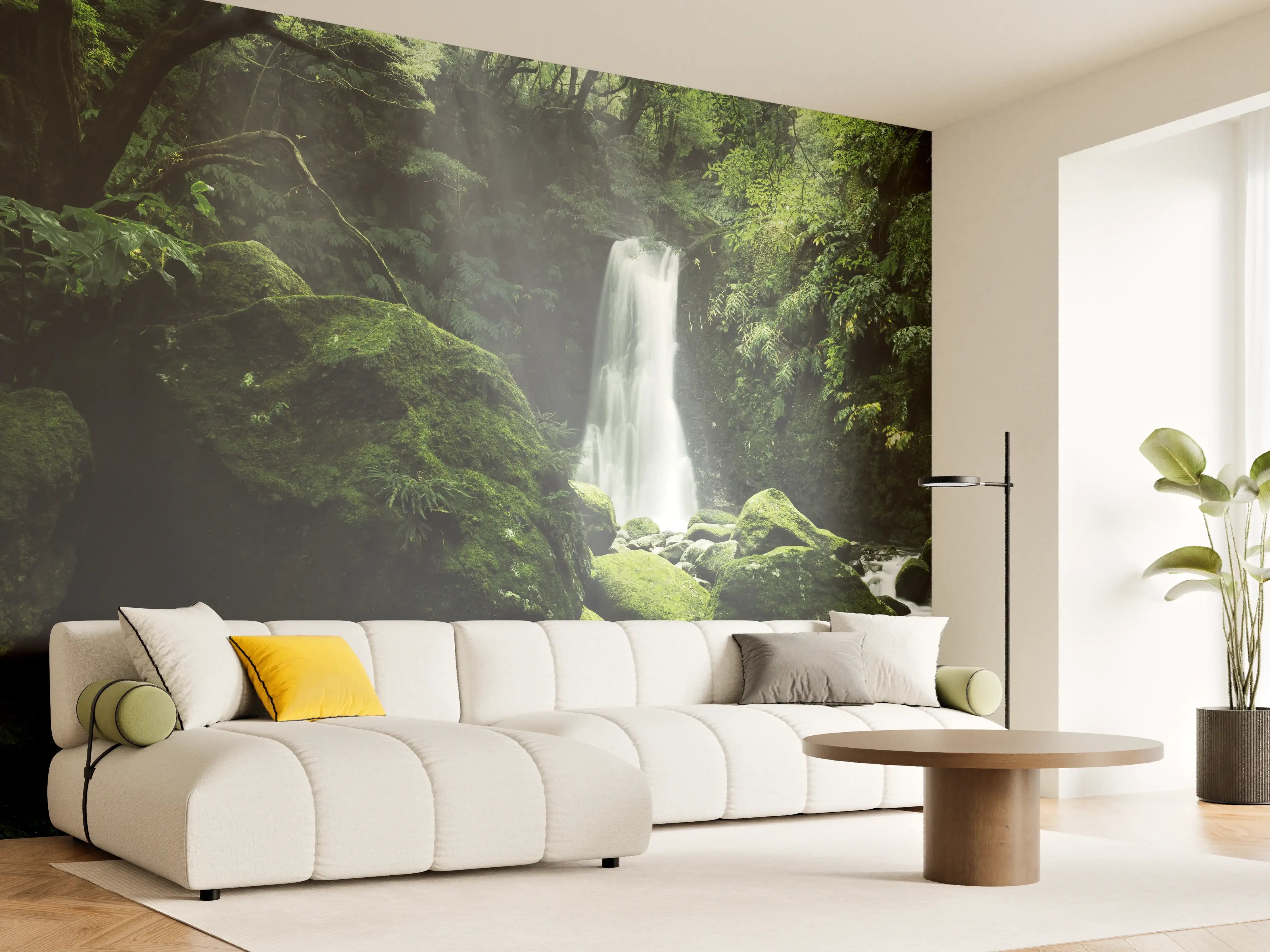 Wandverkleidung Wohnzimmer - Mystische Wasserfall-Landschaft im Grünen