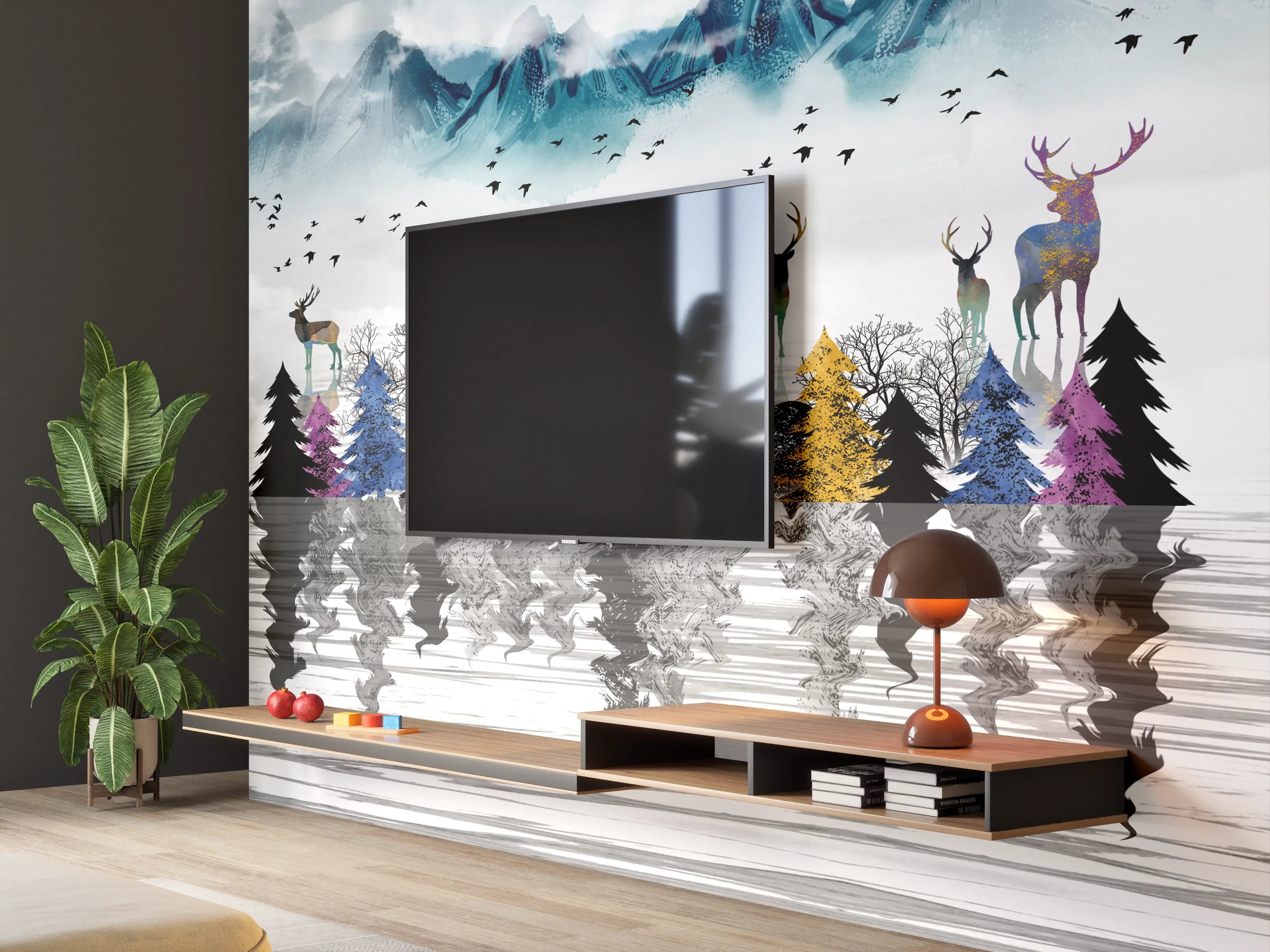 Wandverkleidung Wohnzimmer - Mystische Winterlandschaft mit Elchen und Bergen