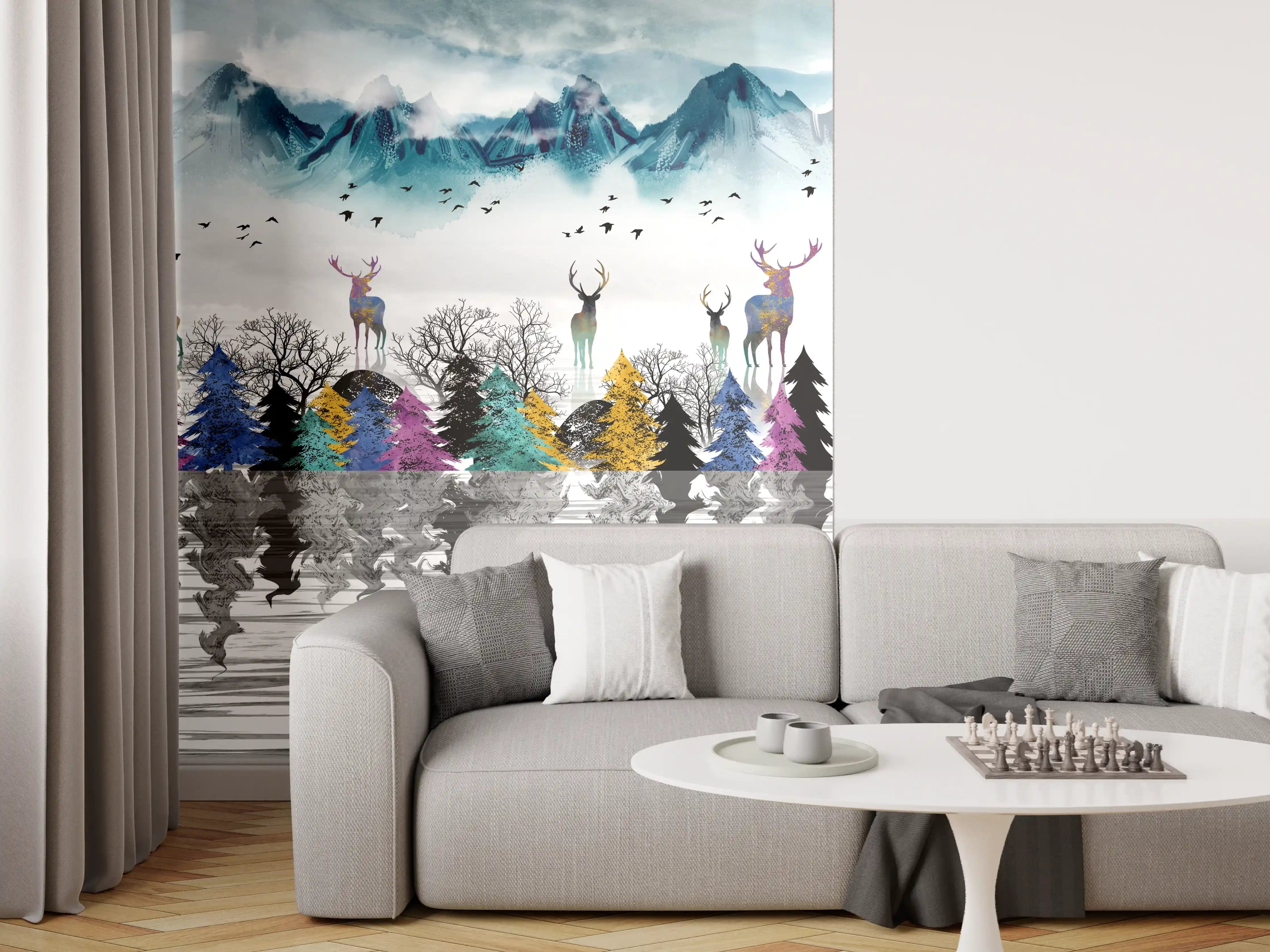 Wandverkleidung Wohnzimmer - Mystische Winterlandschaft mit Elchen und Bergen