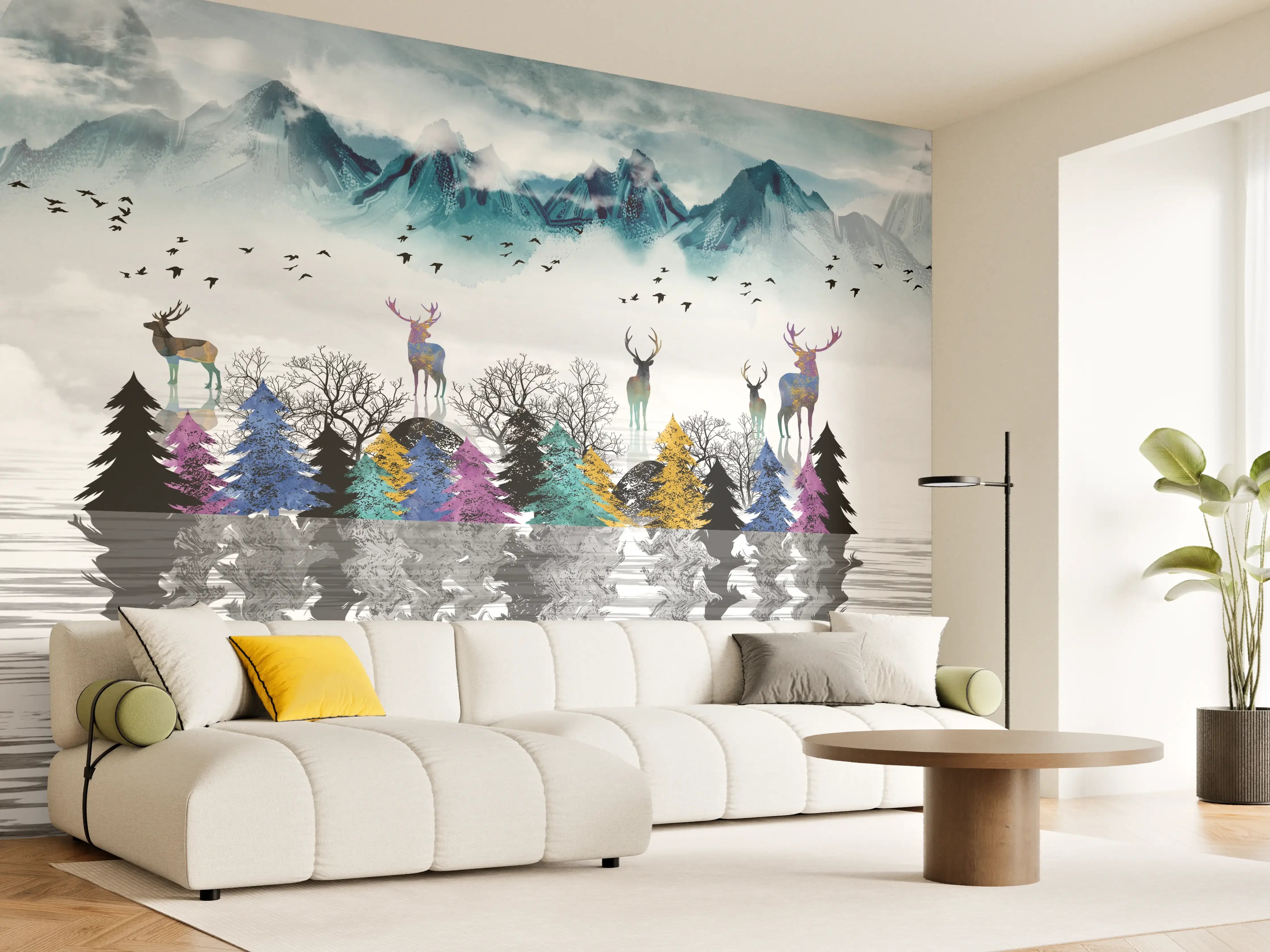 Wandverkleidung Wohnzimmer - Mystische Winterlandschaft mit Elchen und Bergen