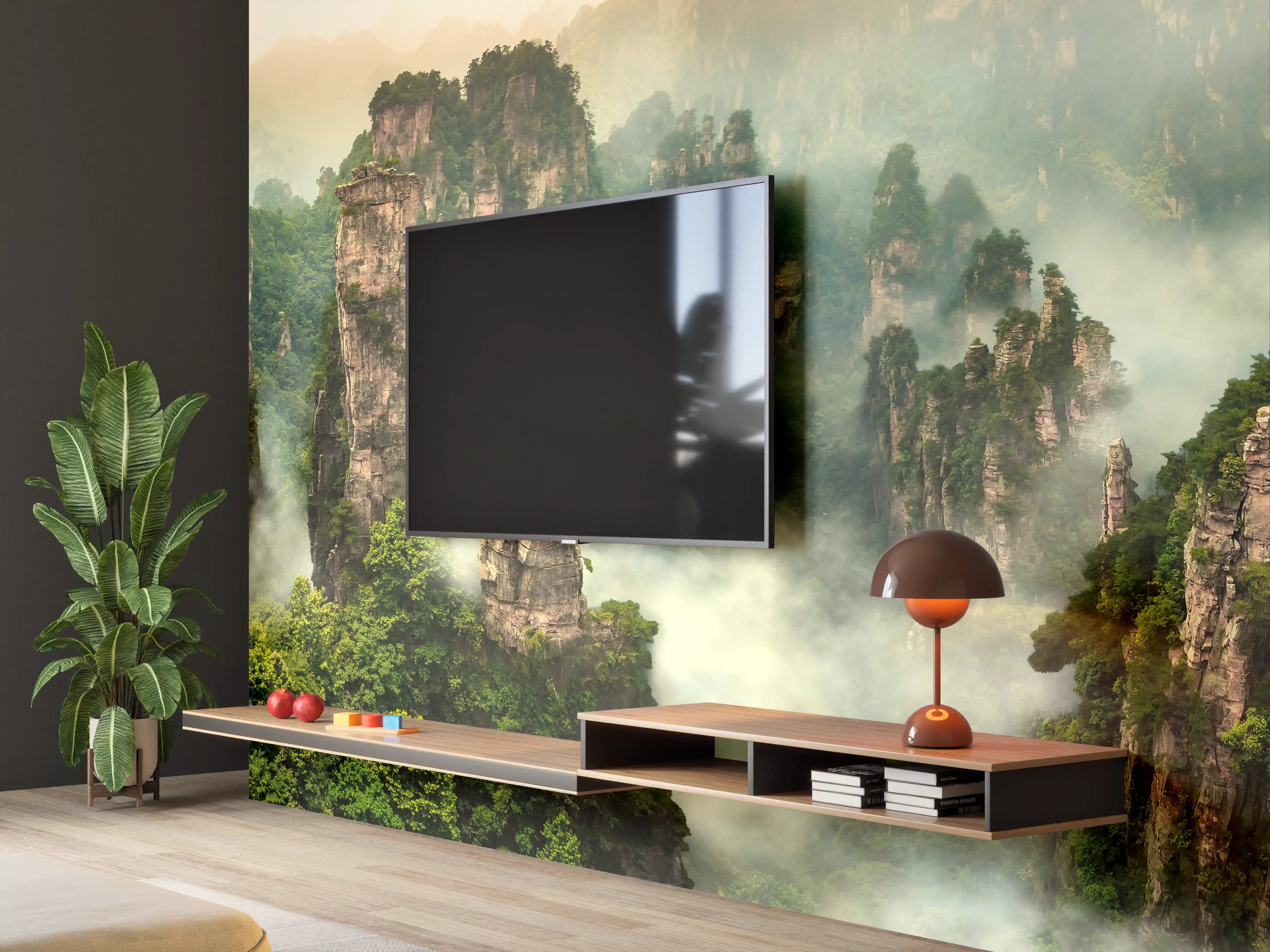 Wandverkleidung Wohnzimmer - Mystische Yinshan-Berge im Morgennebel