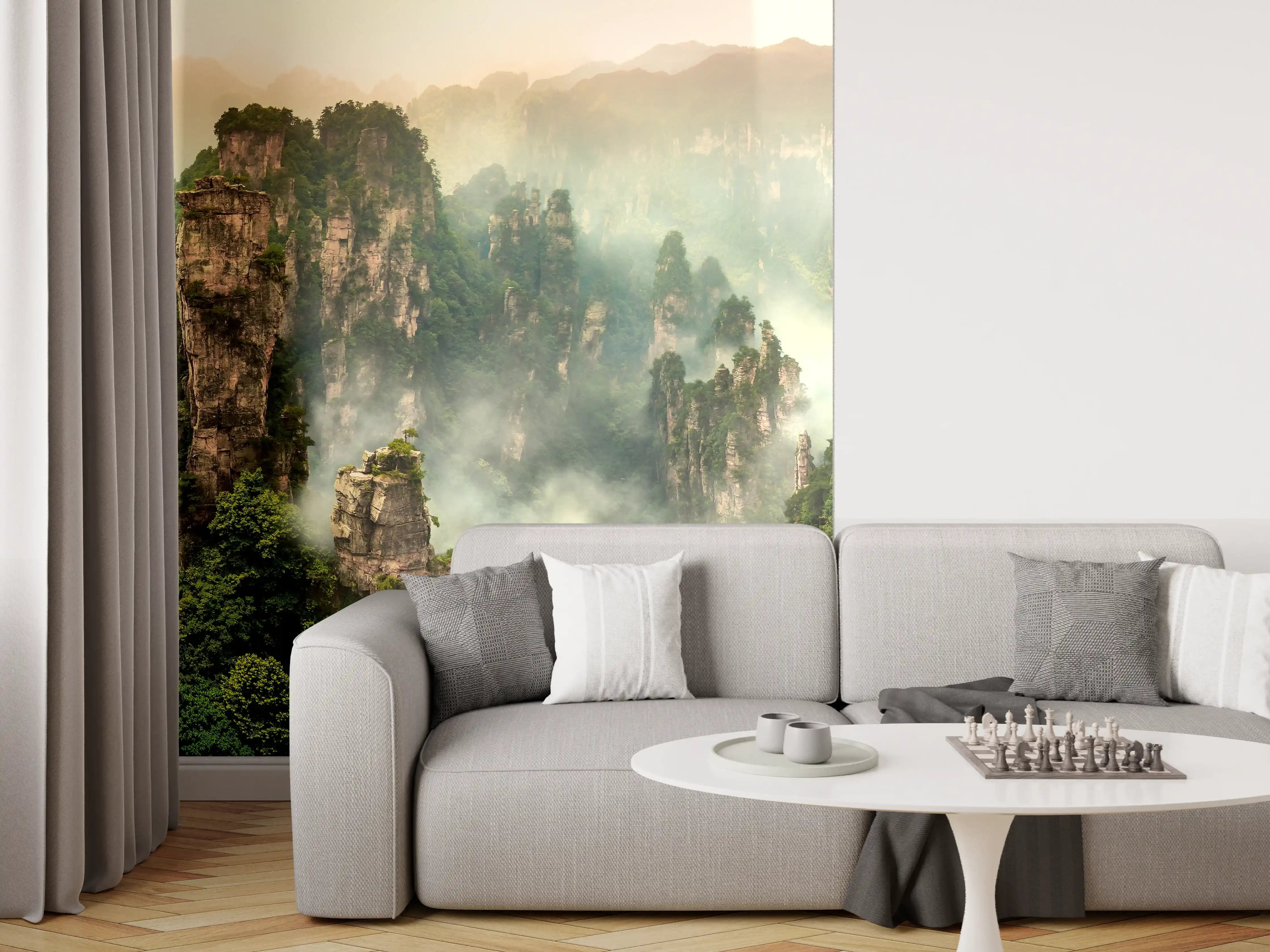 Wandverkleidung Wohnzimmer - Mystische Yinshan-Berge im Morgennebel