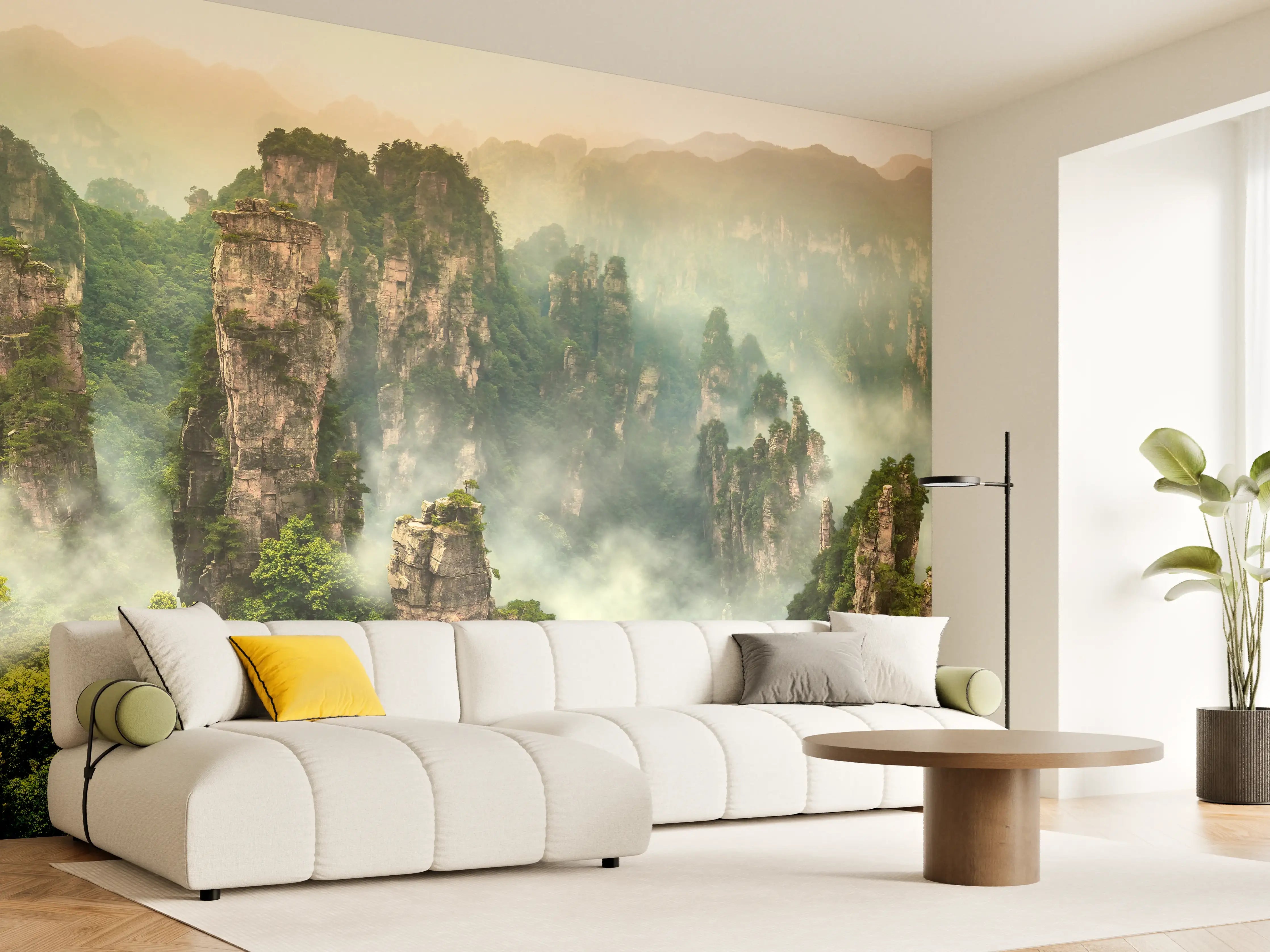 Wandverkleidung Wohnzimmer - Mystische Yinshan-Berge im Morgennebel