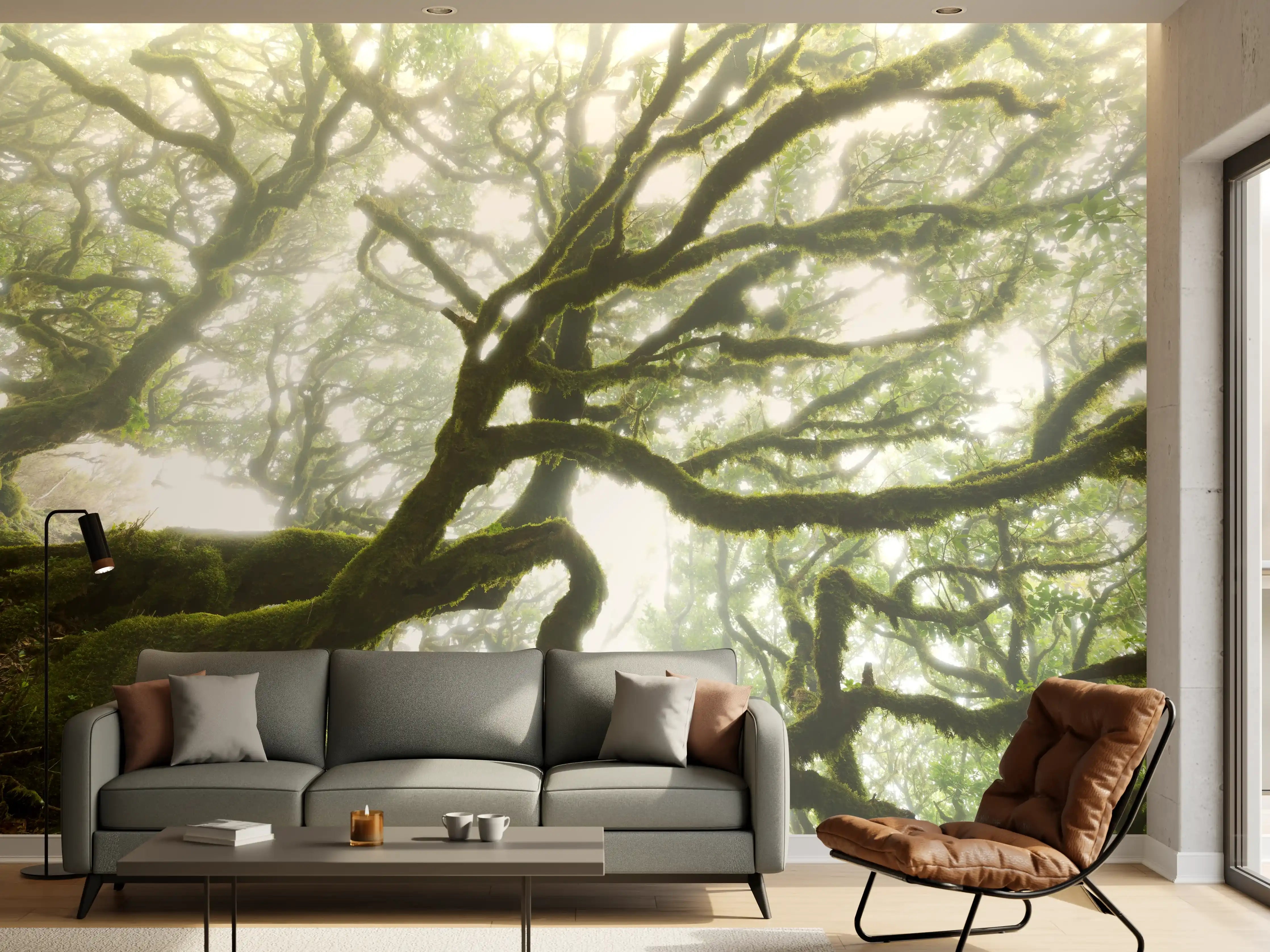 Wandverkleidung Wohnzimmer - Mystischer Baum im Nebel
