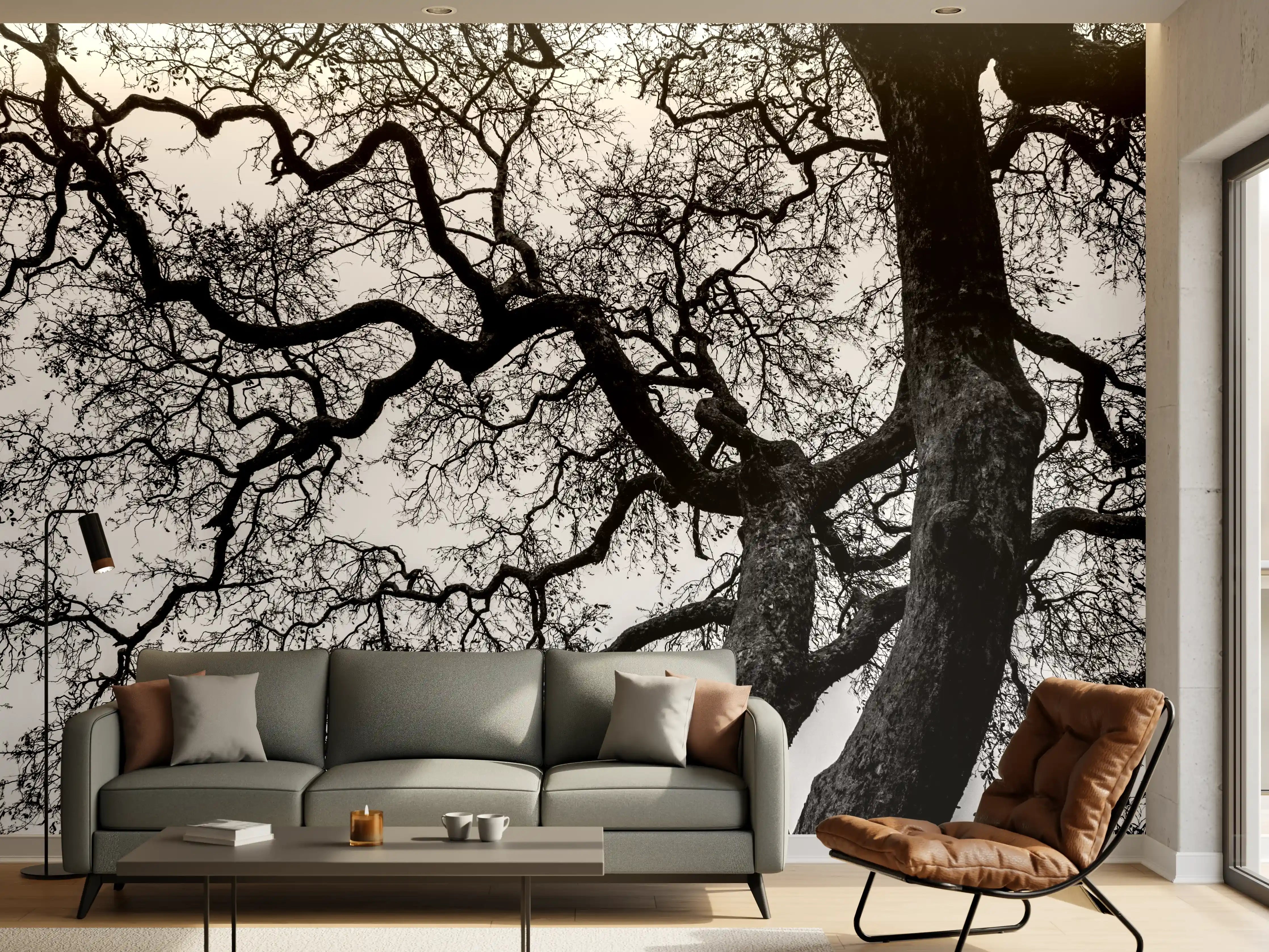 Wandverkleidung Wohnzimmer - Mystischer Baum in Schwarzweiß