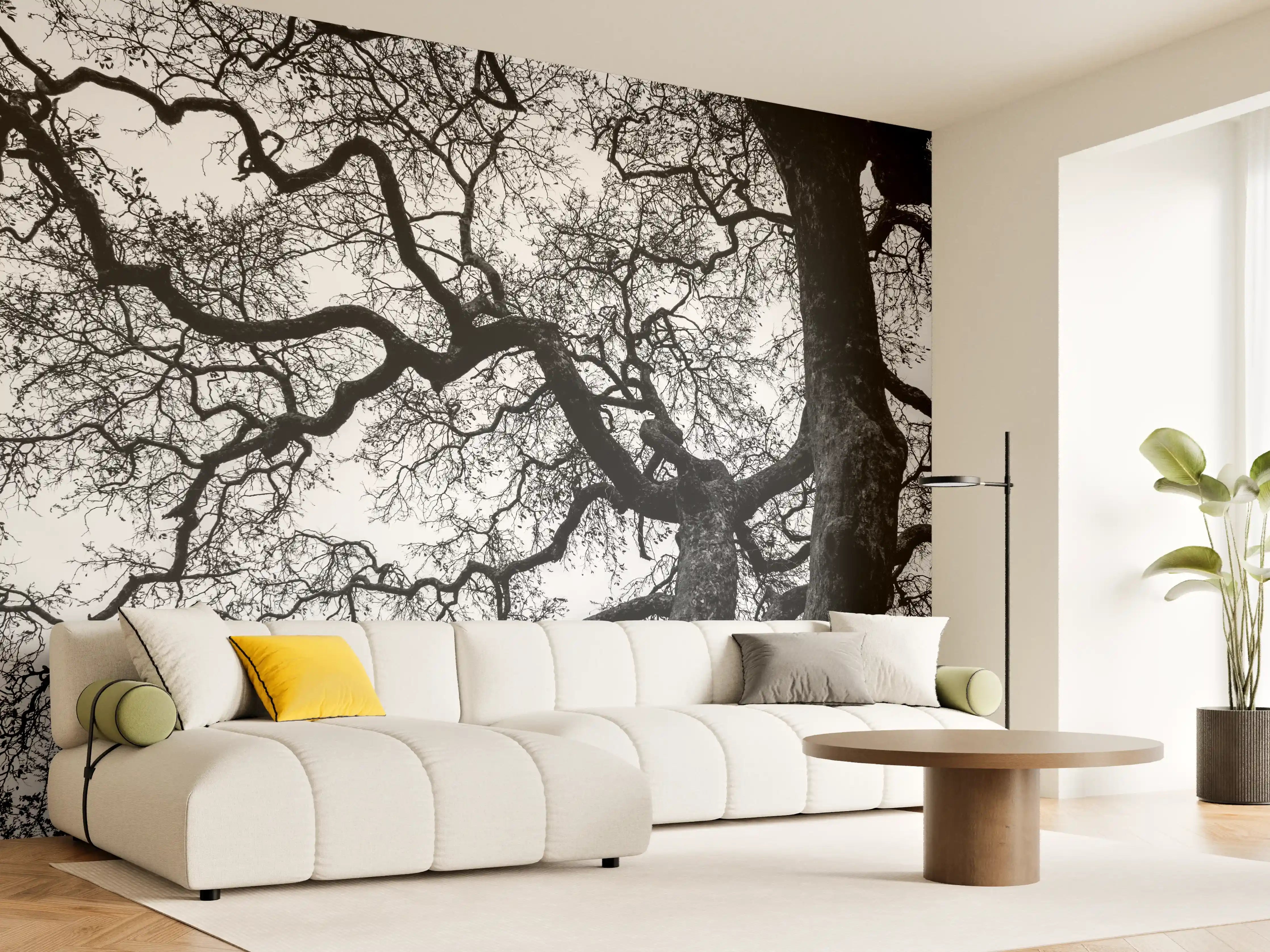 Wandverkleidung Wohnzimmer - Mystischer Baum in Schwarzweiß