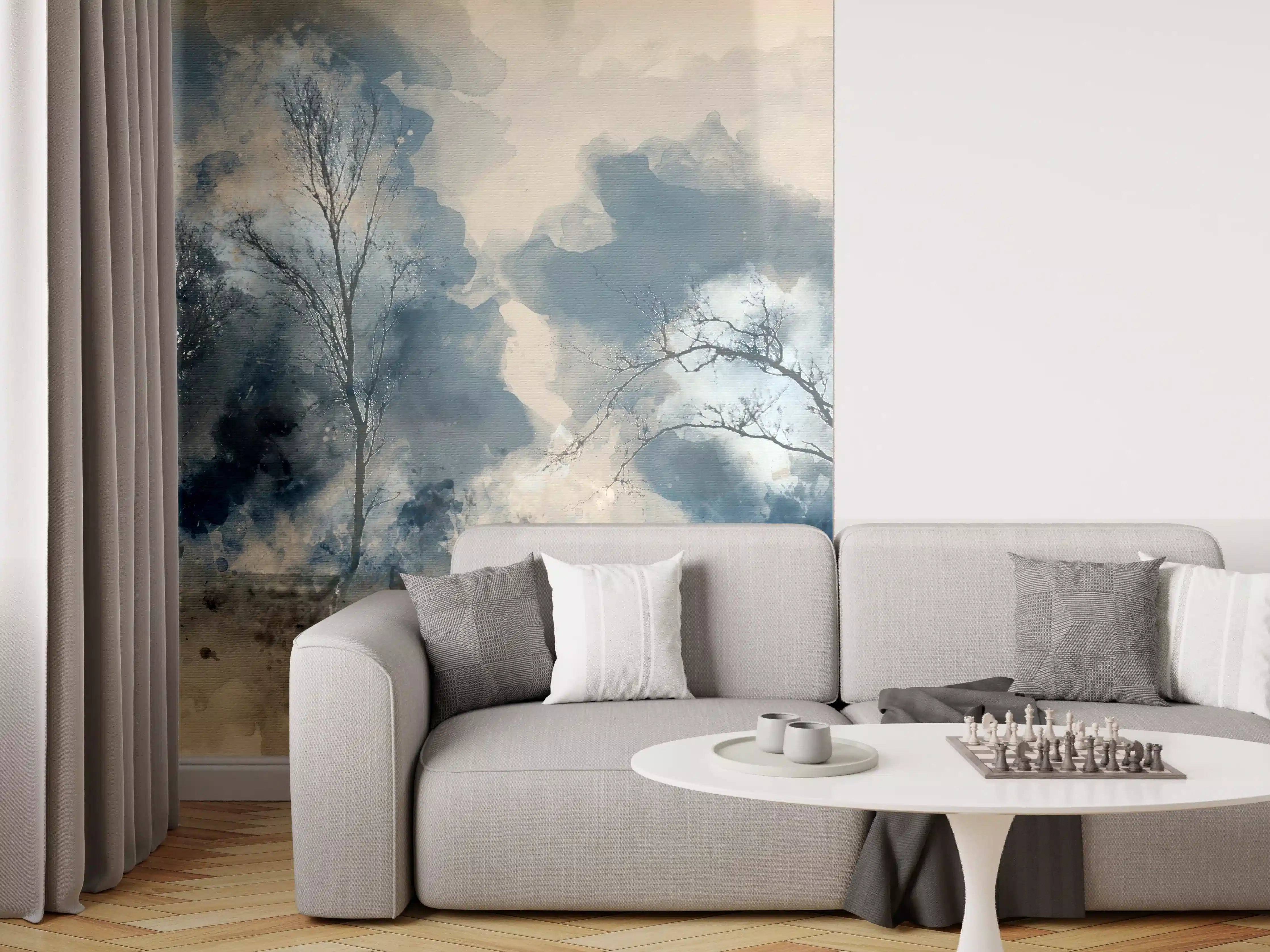 Wandverkleidung Wohnzimmer - Mystischer Baumlandschaft in Blau-Tönen