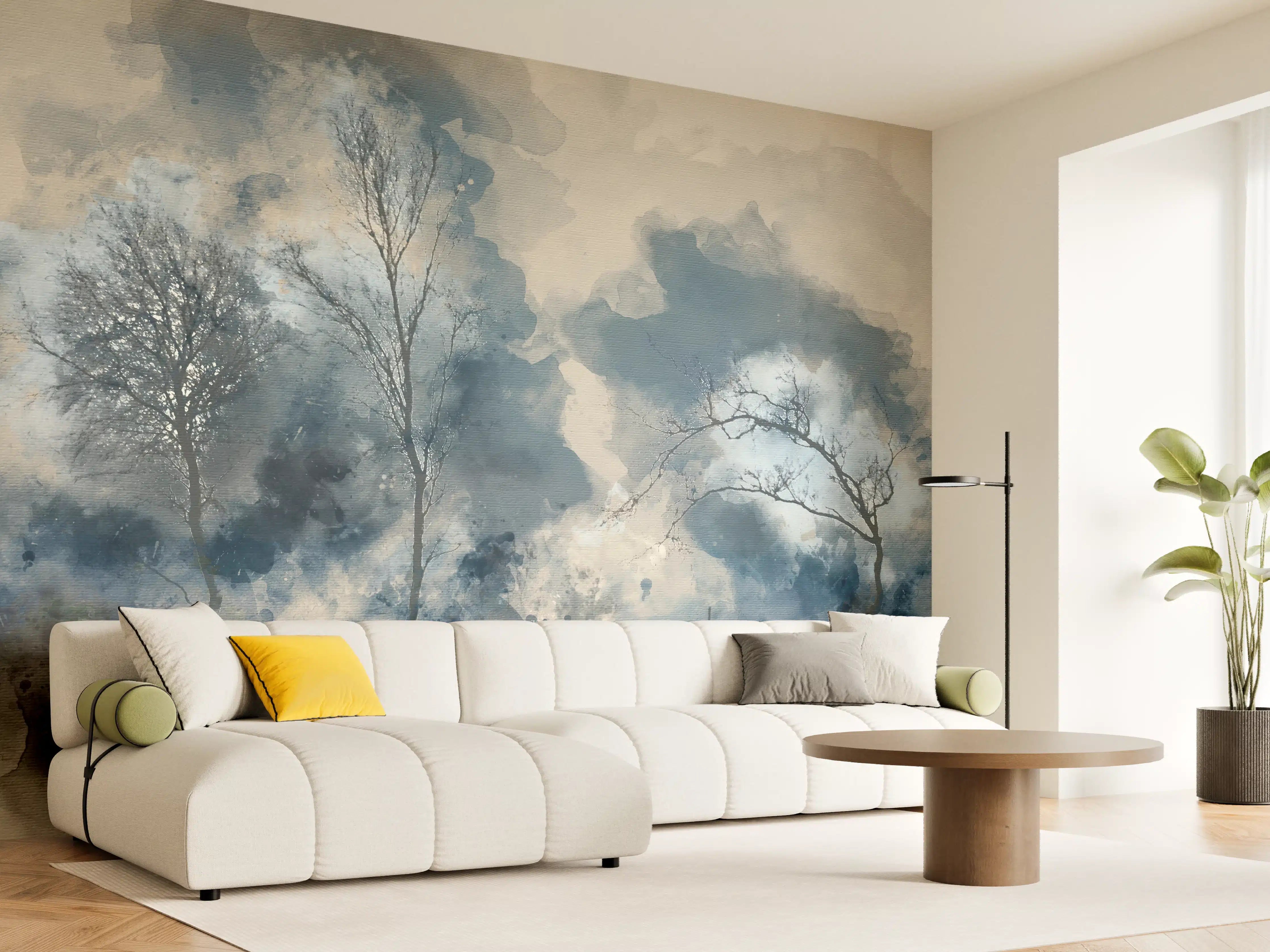 Wandverkleidung Wohnzimmer - Mystischer Baumlandschaft in Blau-Tönen