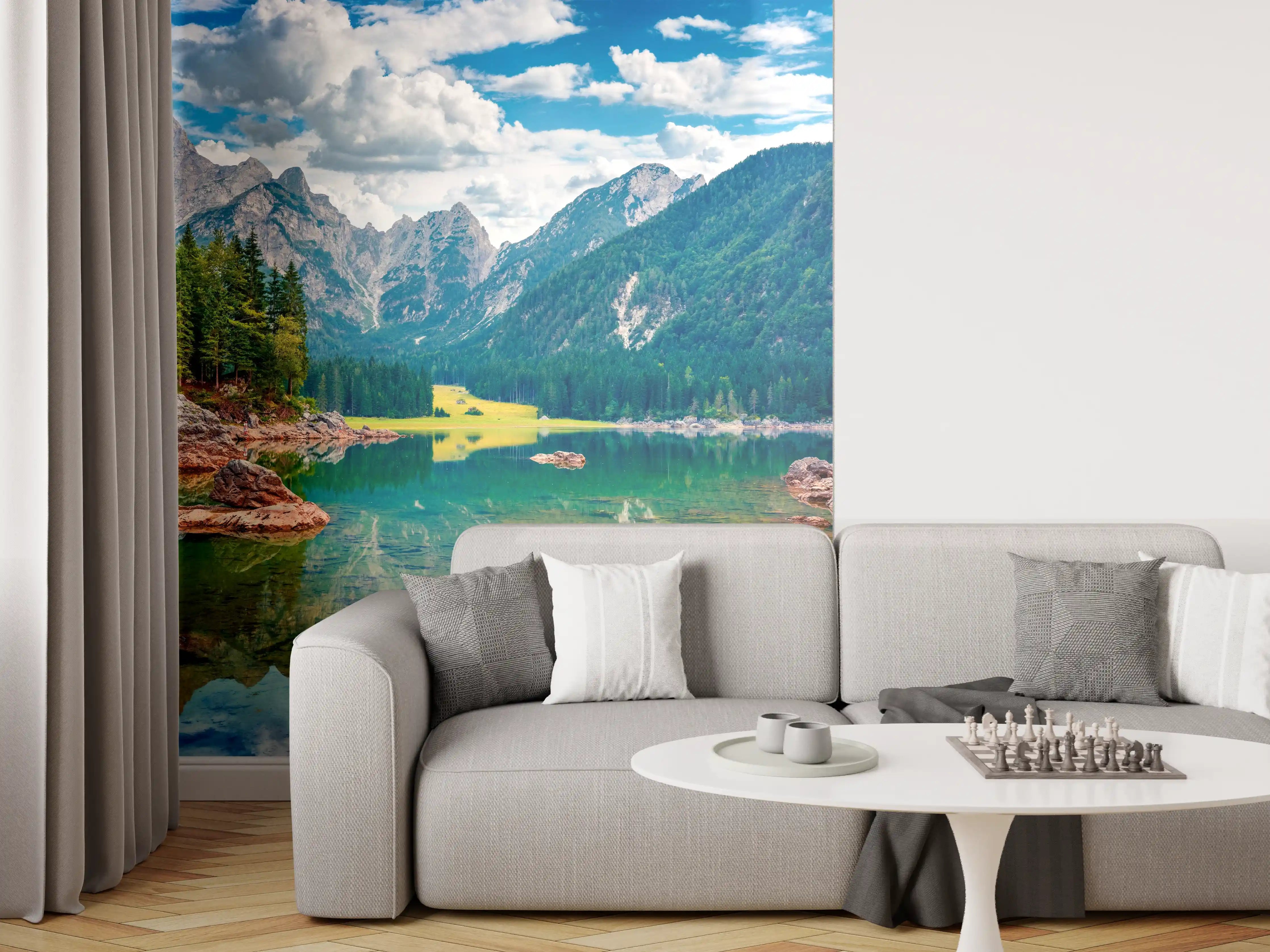 Wandverkleidung Wohnzimmer - Mystischer Bergsee im grauen Licht