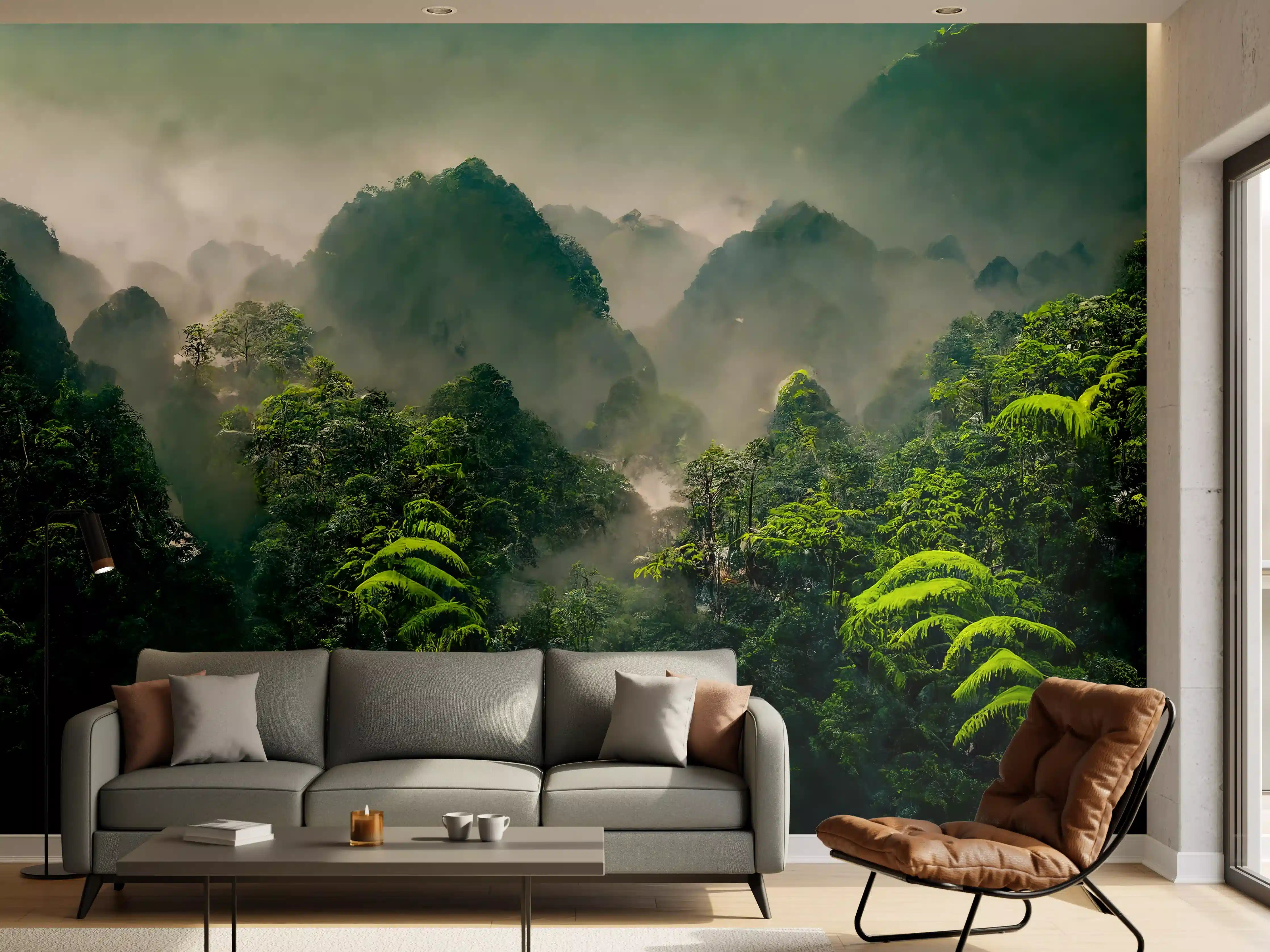 Wandverkleidung Wohnzimmer - Mystischer Dschungel im Nebel