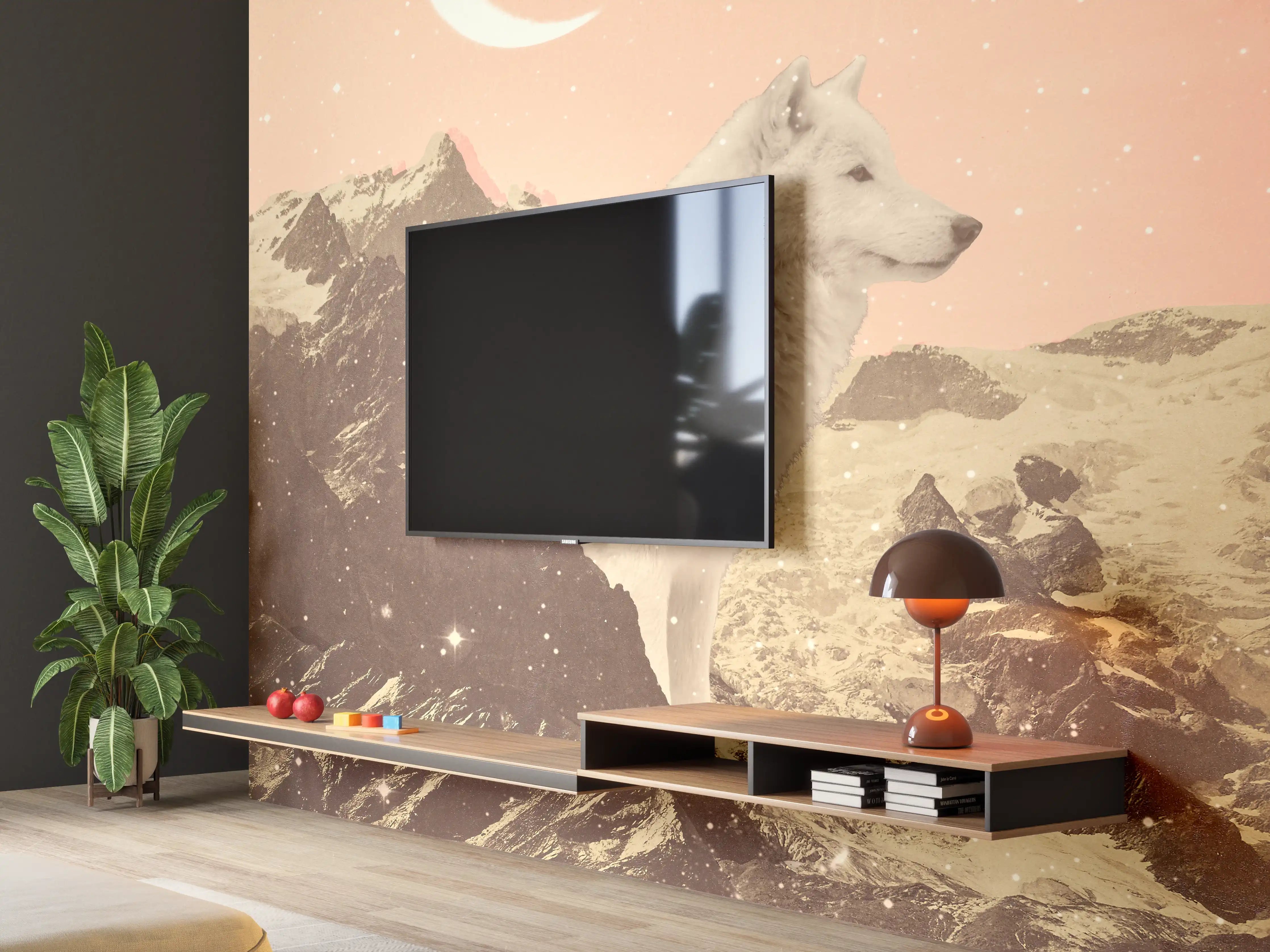 Wandverkleidung Wohnzimmer - Mystischer Luchse in Berglandschaft bei Mondschein