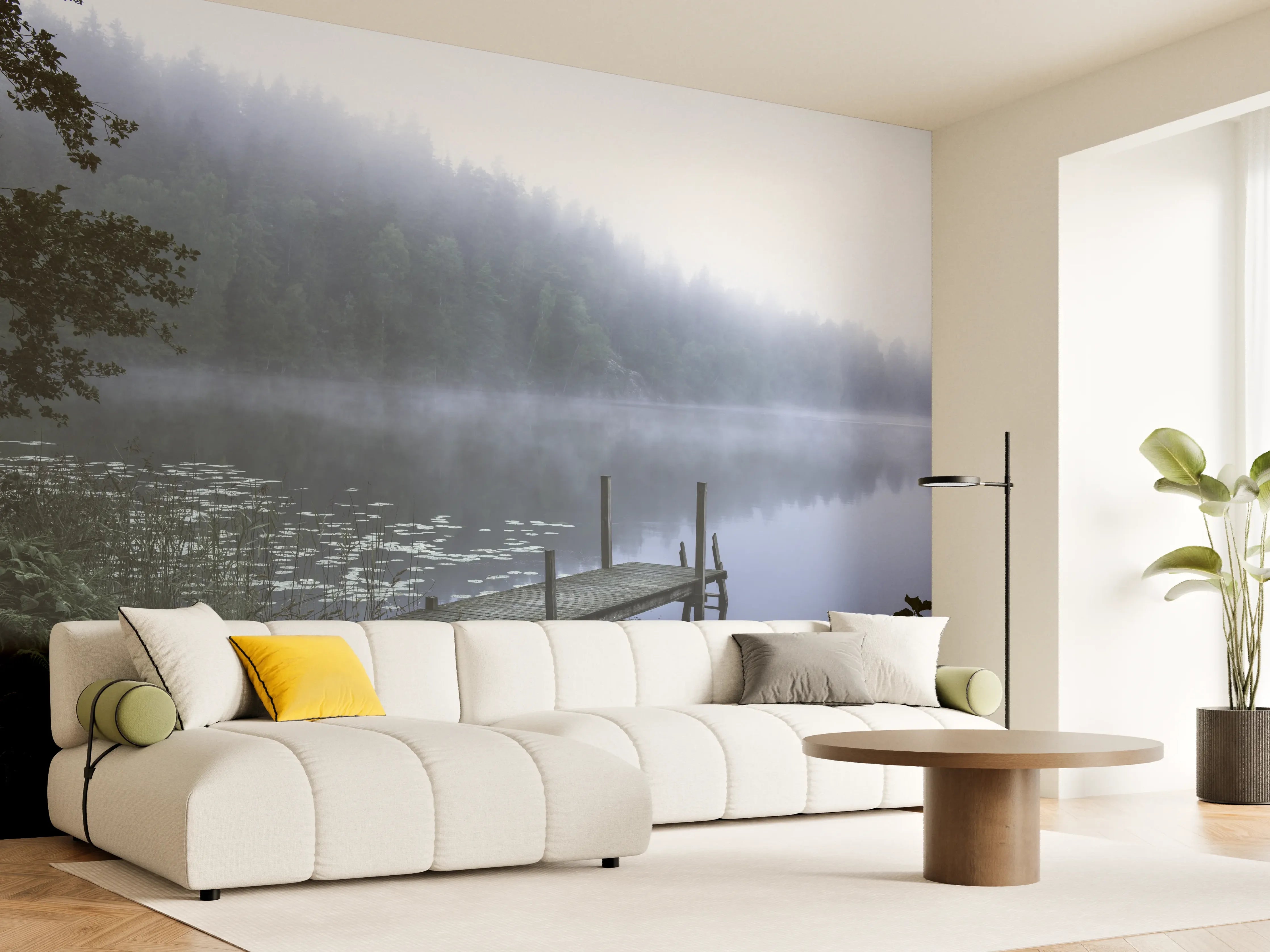 Wandverkleidung Wohnzimmer - Mystischer Nebel am ruhigen See mit Bootsanlegesteg