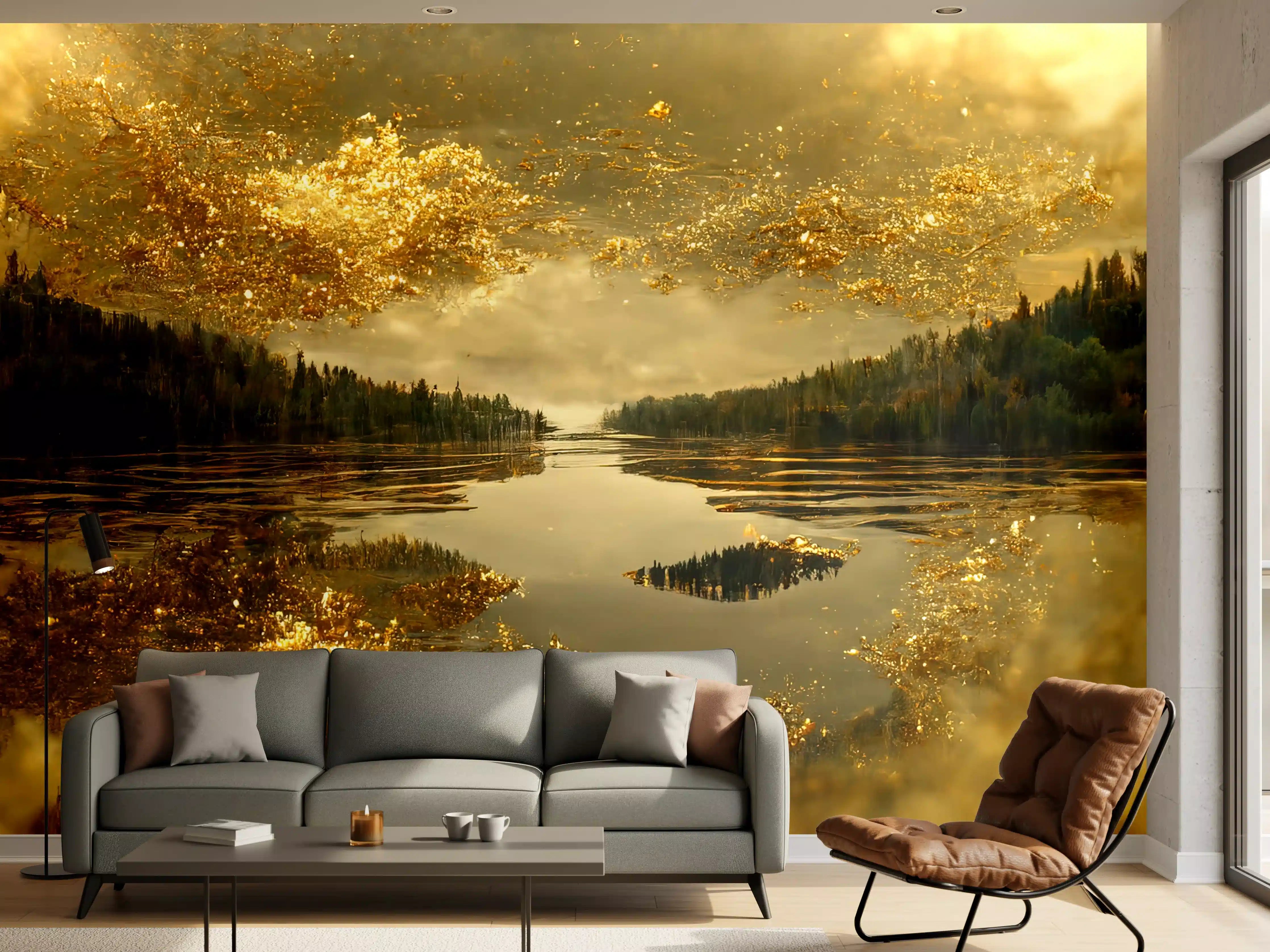 Wandverkleidung Wohnzimmer - Mystischer See mit goldener Abendstimmung