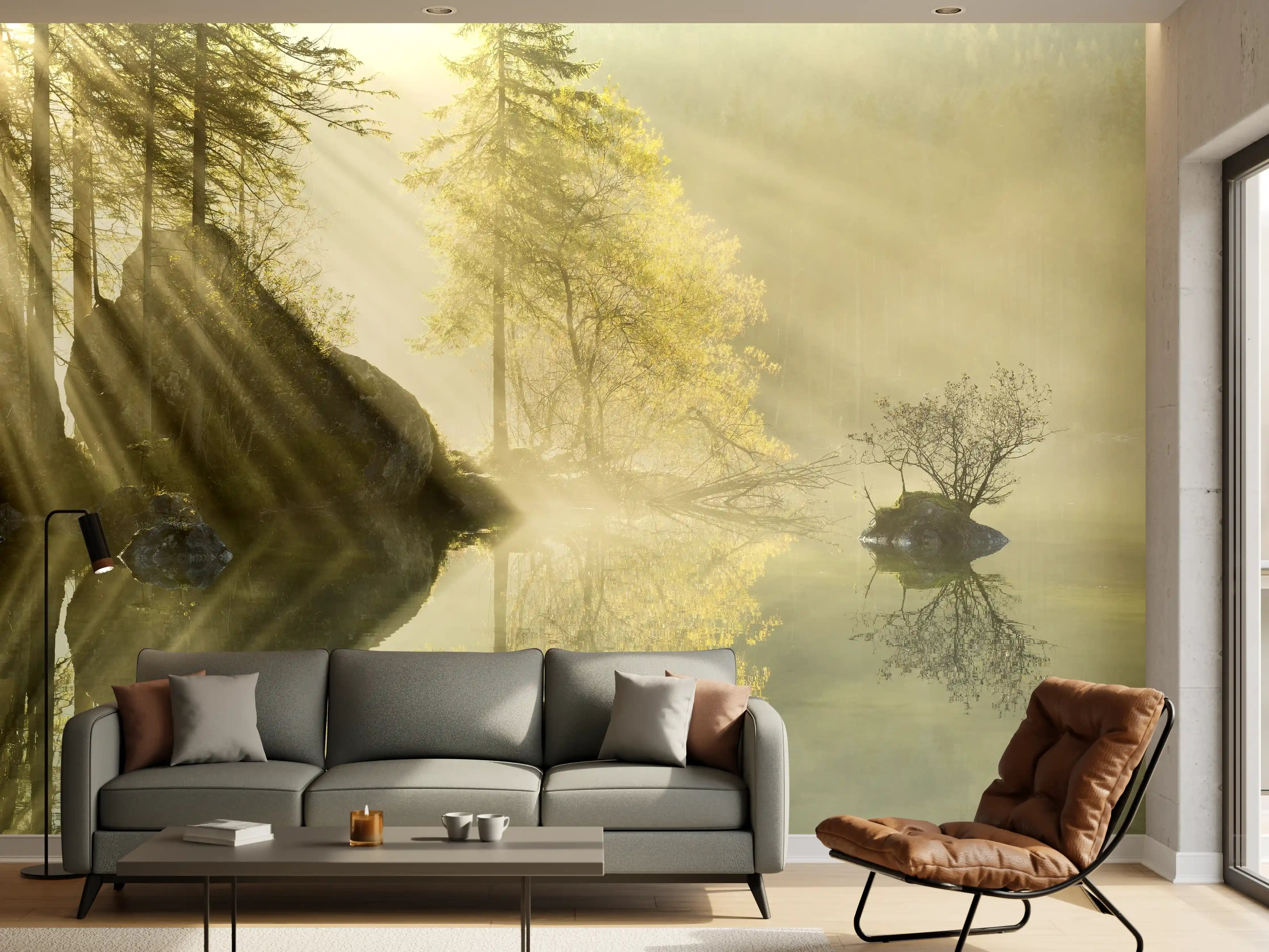 Wandverkleidung Wohnzimmer - Mystischer Sonnenaufgang am ruhigen See