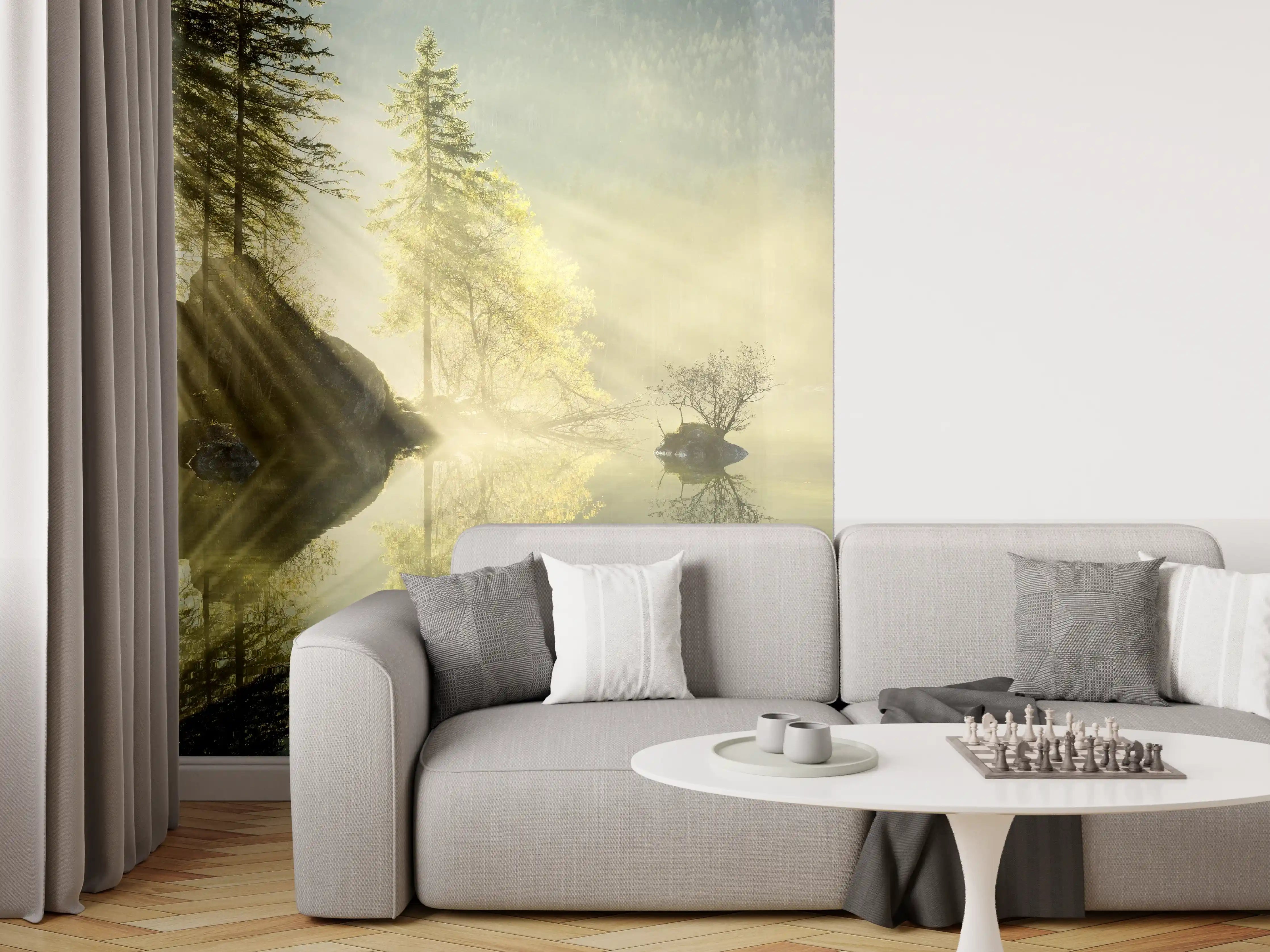 Wandverkleidung Wohnzimmer - Mystischer Sonnenaufgang am ruhigen See