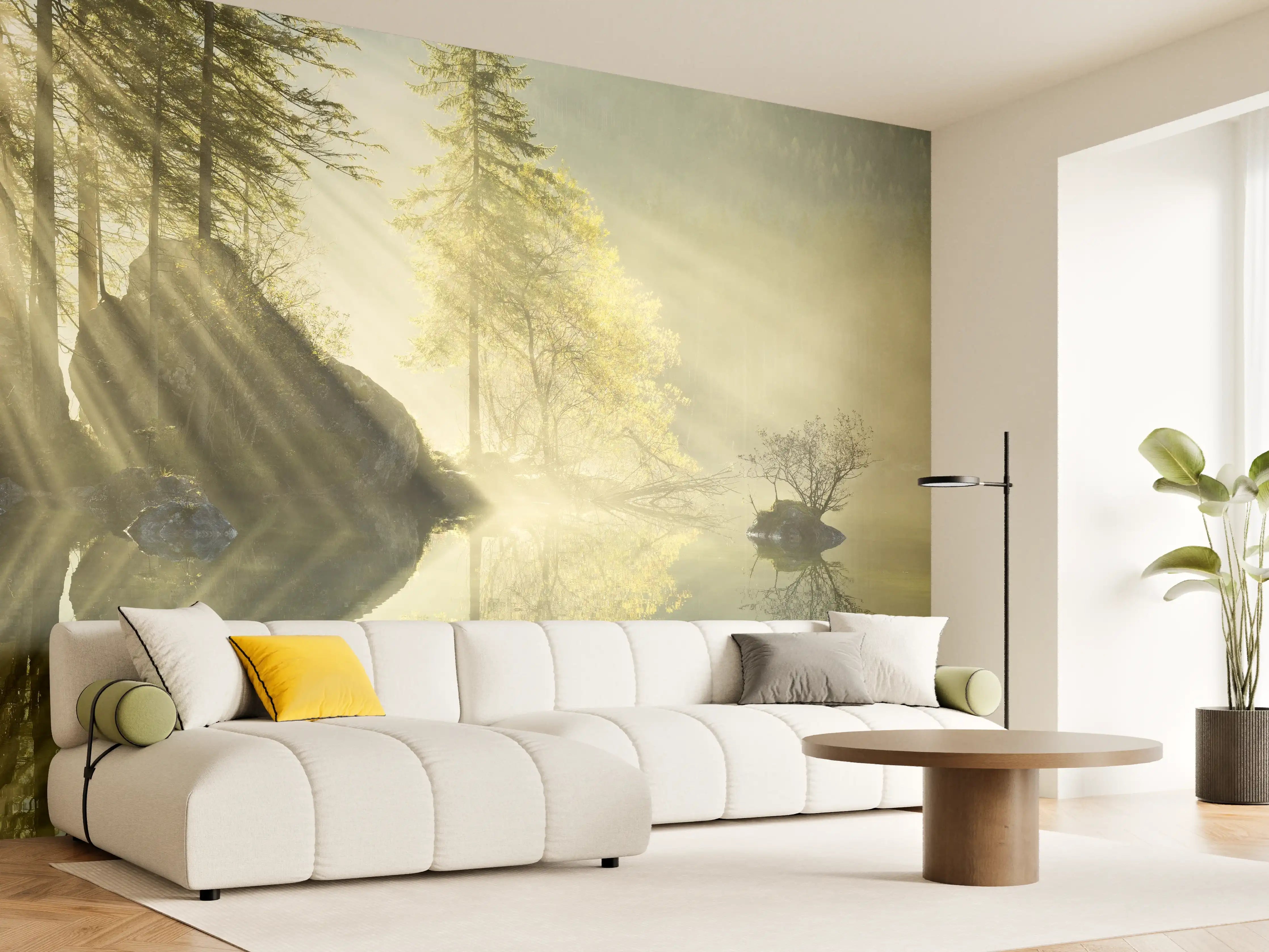 Wandverkleidung Wohnzimmer - Mystischer Sonnenaufgang am ruhigen See