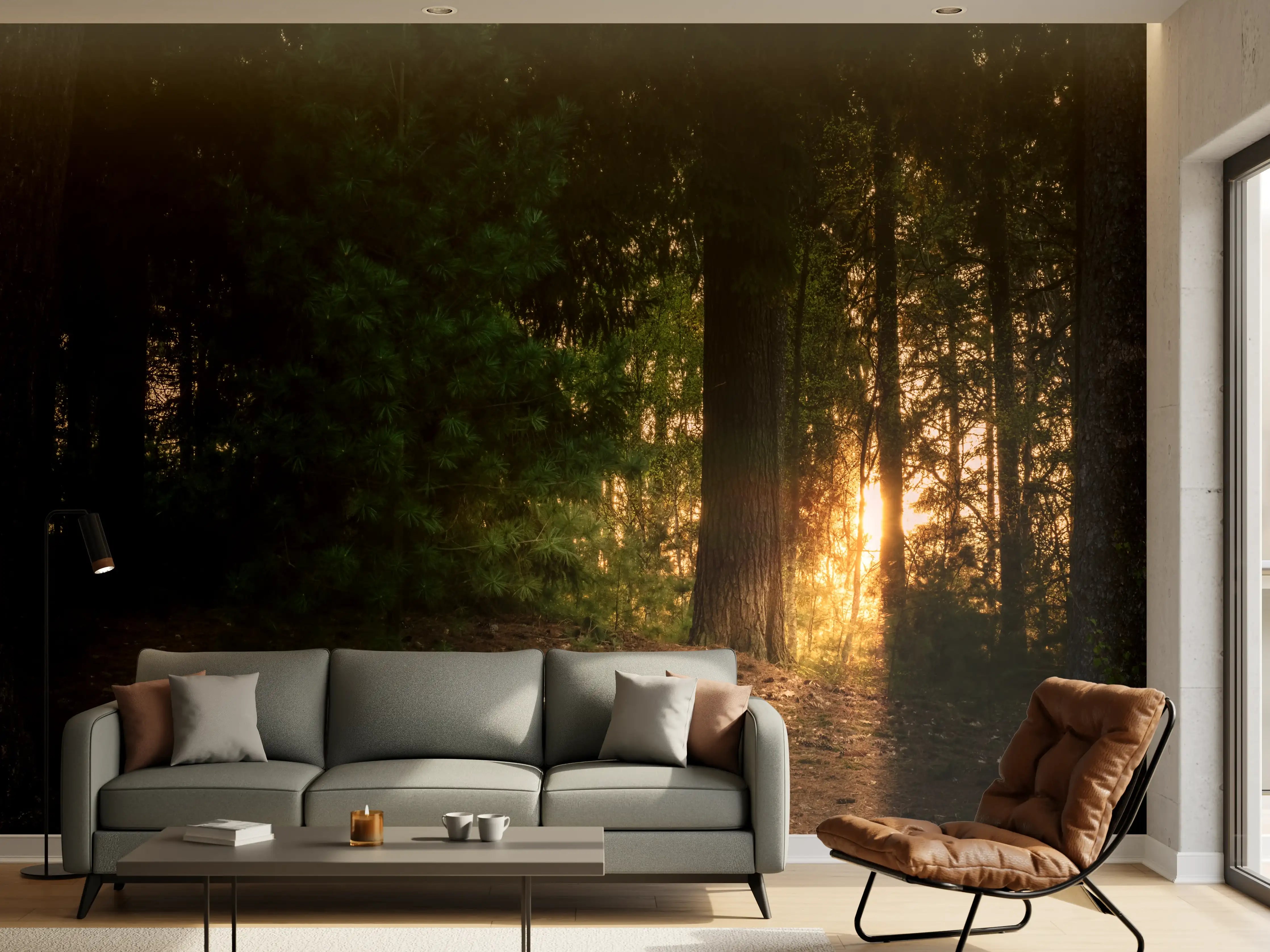 Wandverkleidung Wohnzimmer - Mystischer Sonnenuntergang im Wald