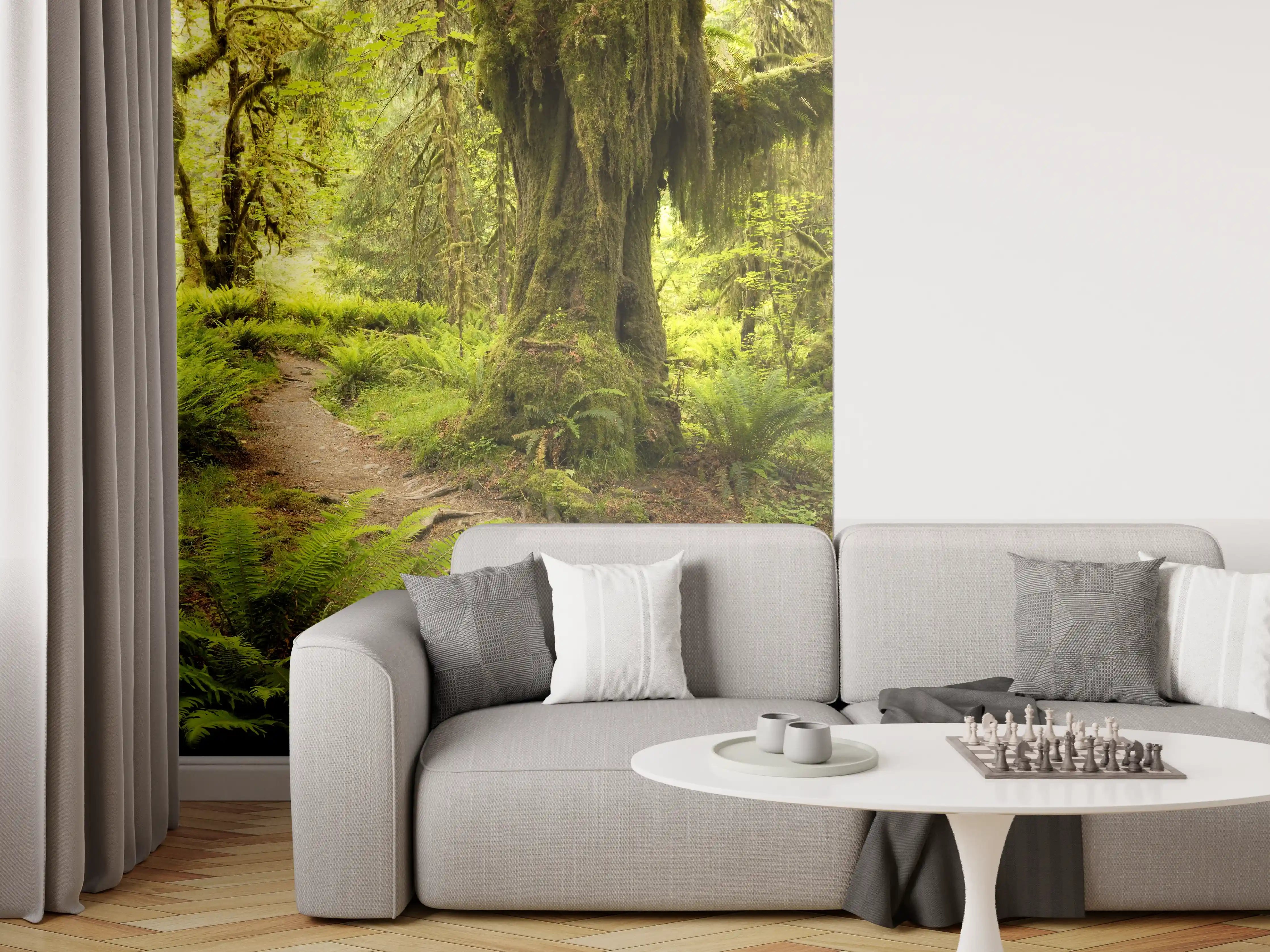 Wandverkleidung Wohnzimmer - Mystischer Wanderweg im grünen Wald