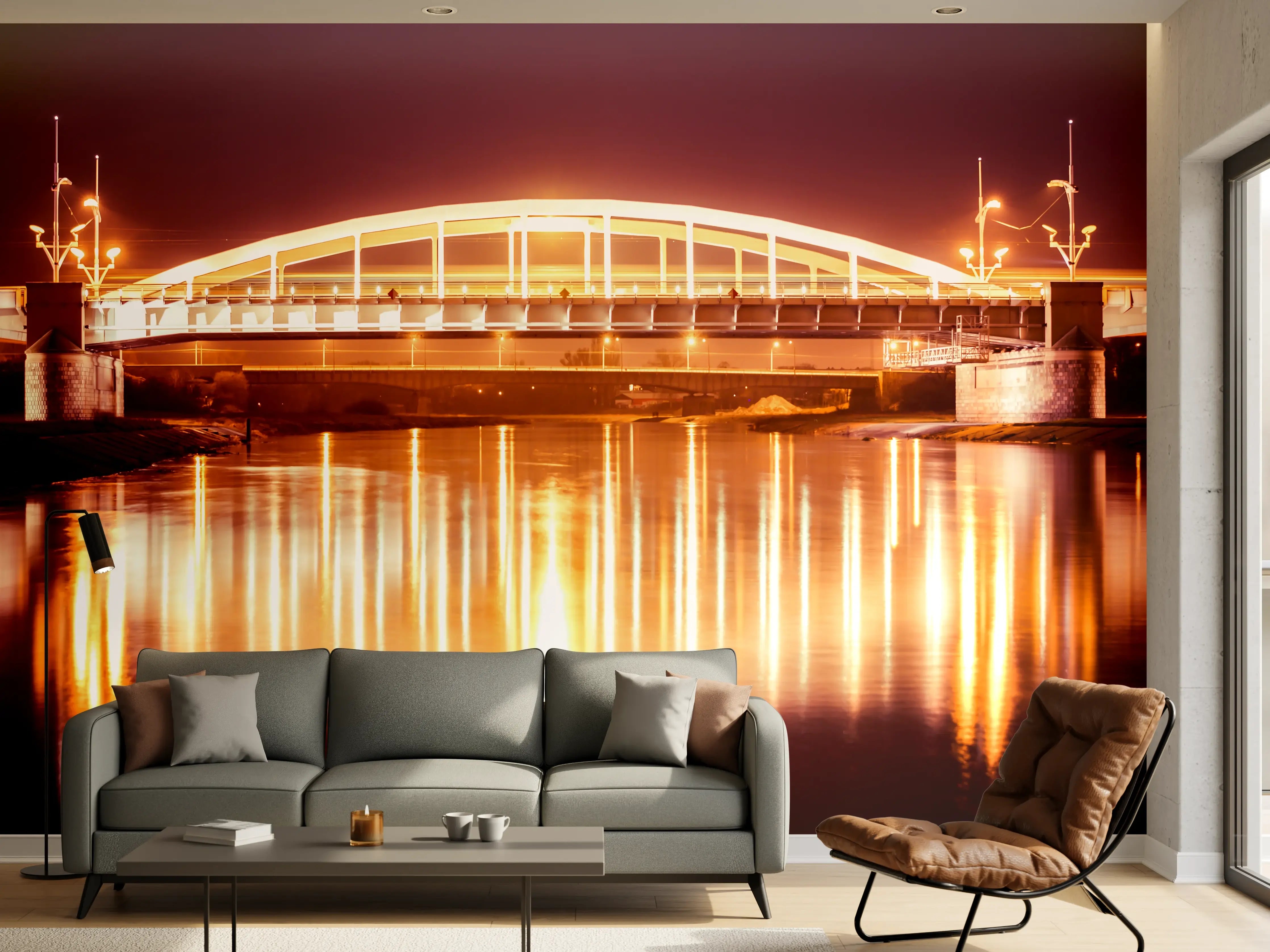 Wandverkleidung Wohnzimmer - Nacht Blick auf eine Brücke über den Fluss Warta in Posen