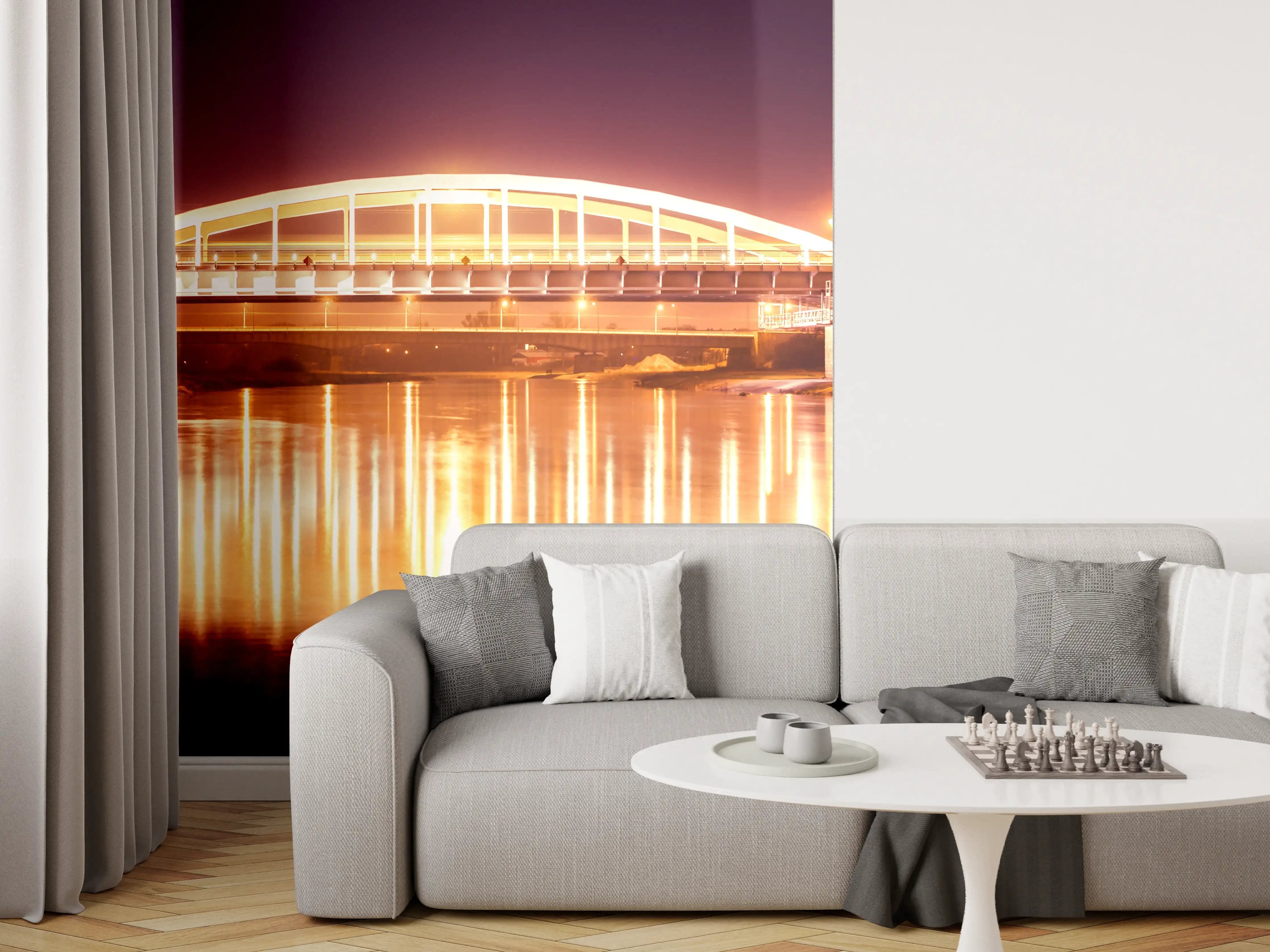 Wandverkleidung Wohnzimmer - Nacht Blick auf eine Brücke über den Fluss Warta in Posen