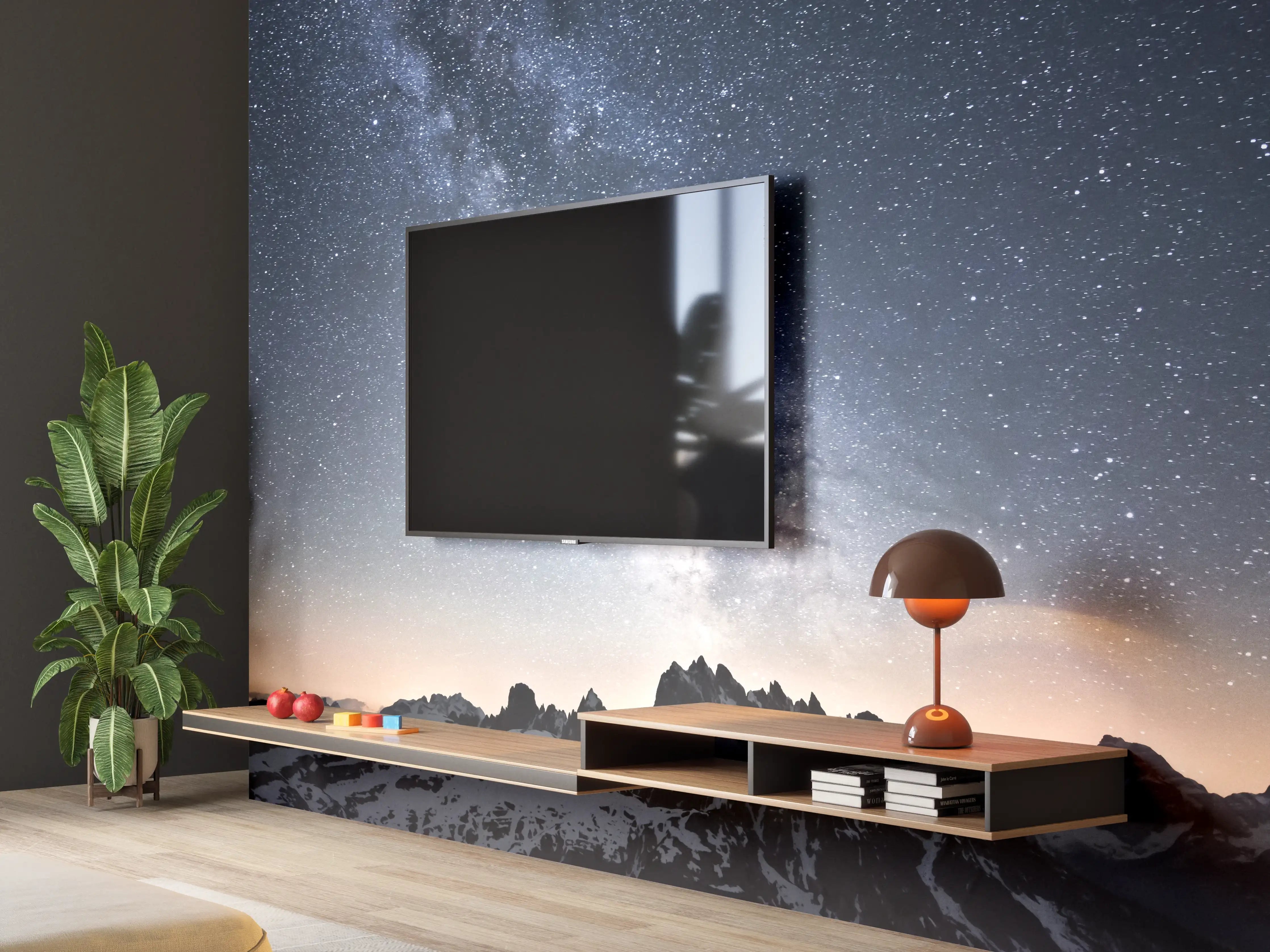 Wandverkleidung Wohnzimmer - Nacht über den grauen Bergen