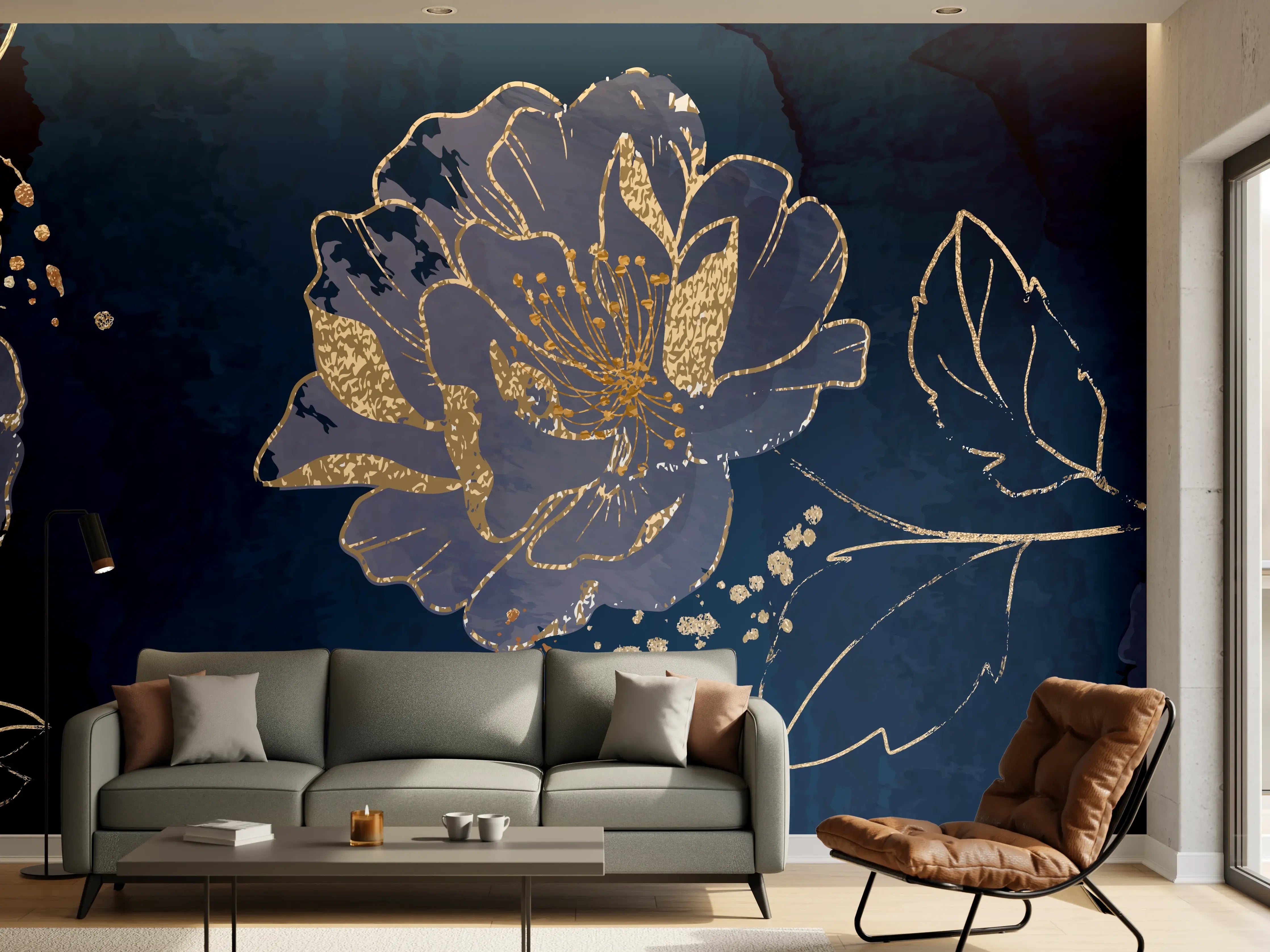 Wandverkleidung Wohnzimmer - Nachtblaue Blumen Goldakzente