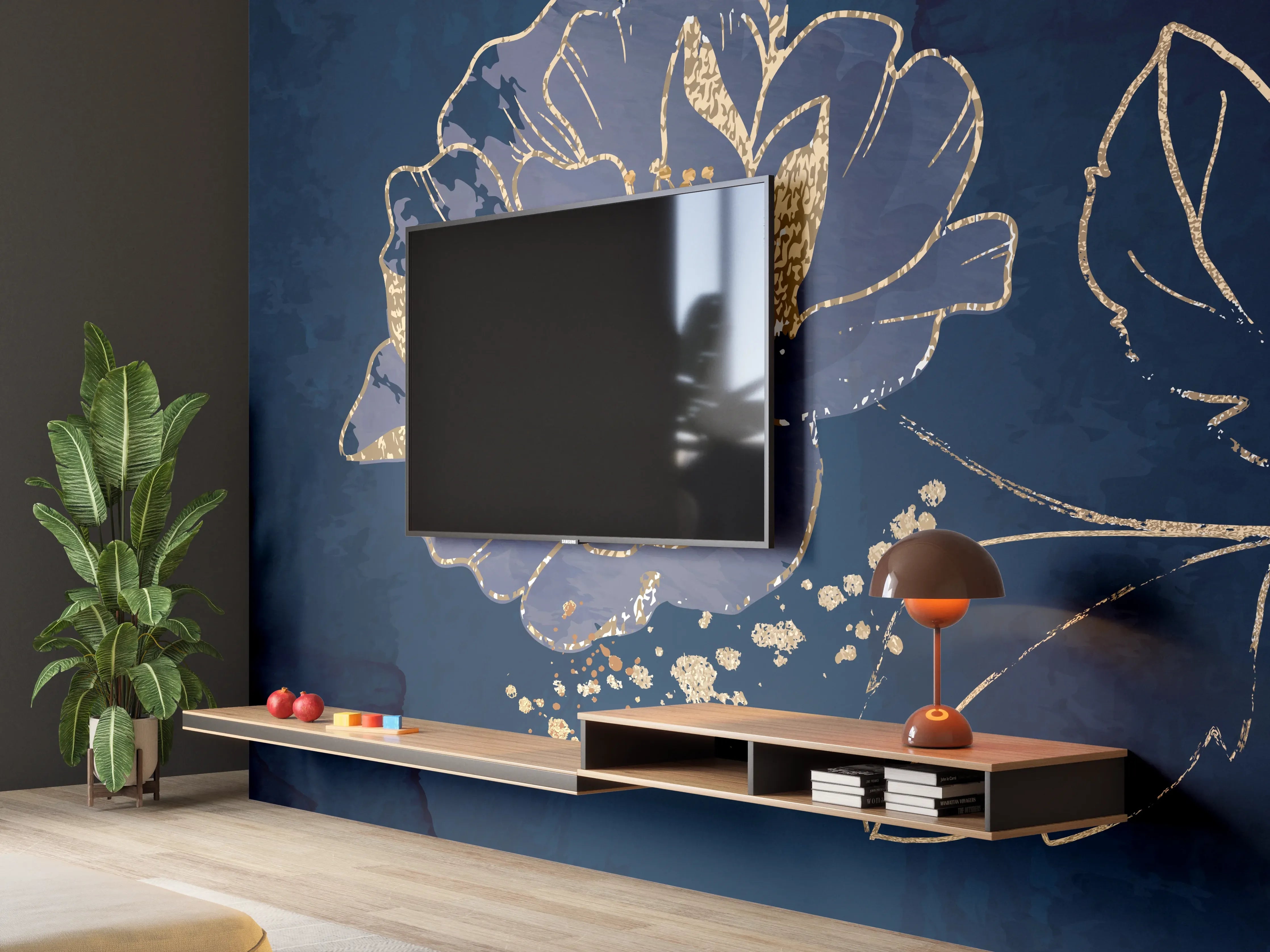 Wandverkleidung Wohnzimmer - Nachtblaue Blumen Goldakzente