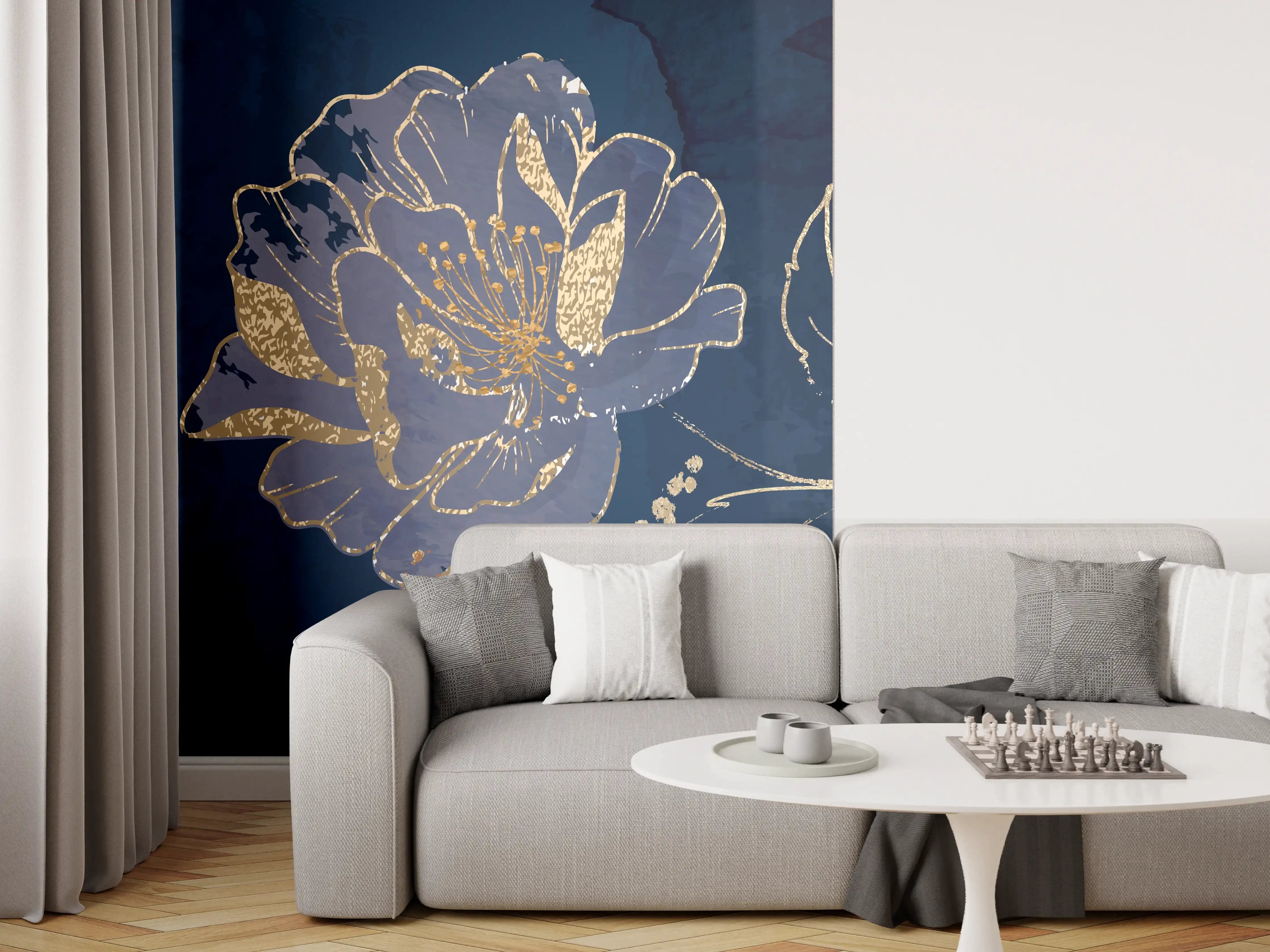 Wandverkleidung Wohnzimmer - Nachtblaue Blumen Goldakzente