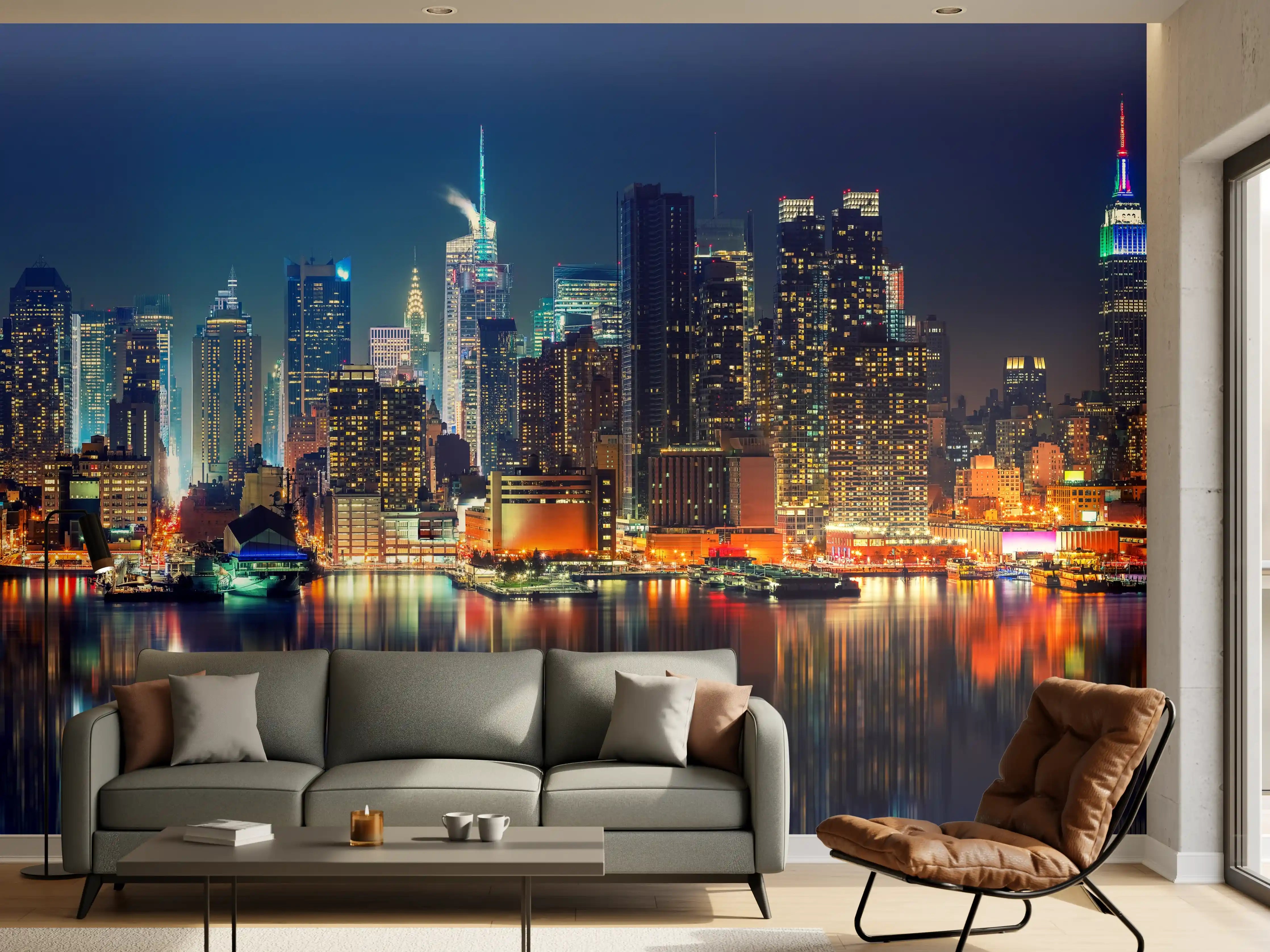 Wandverkleidung Wohnzimmer - Nachtgrau leuchtende Skyline