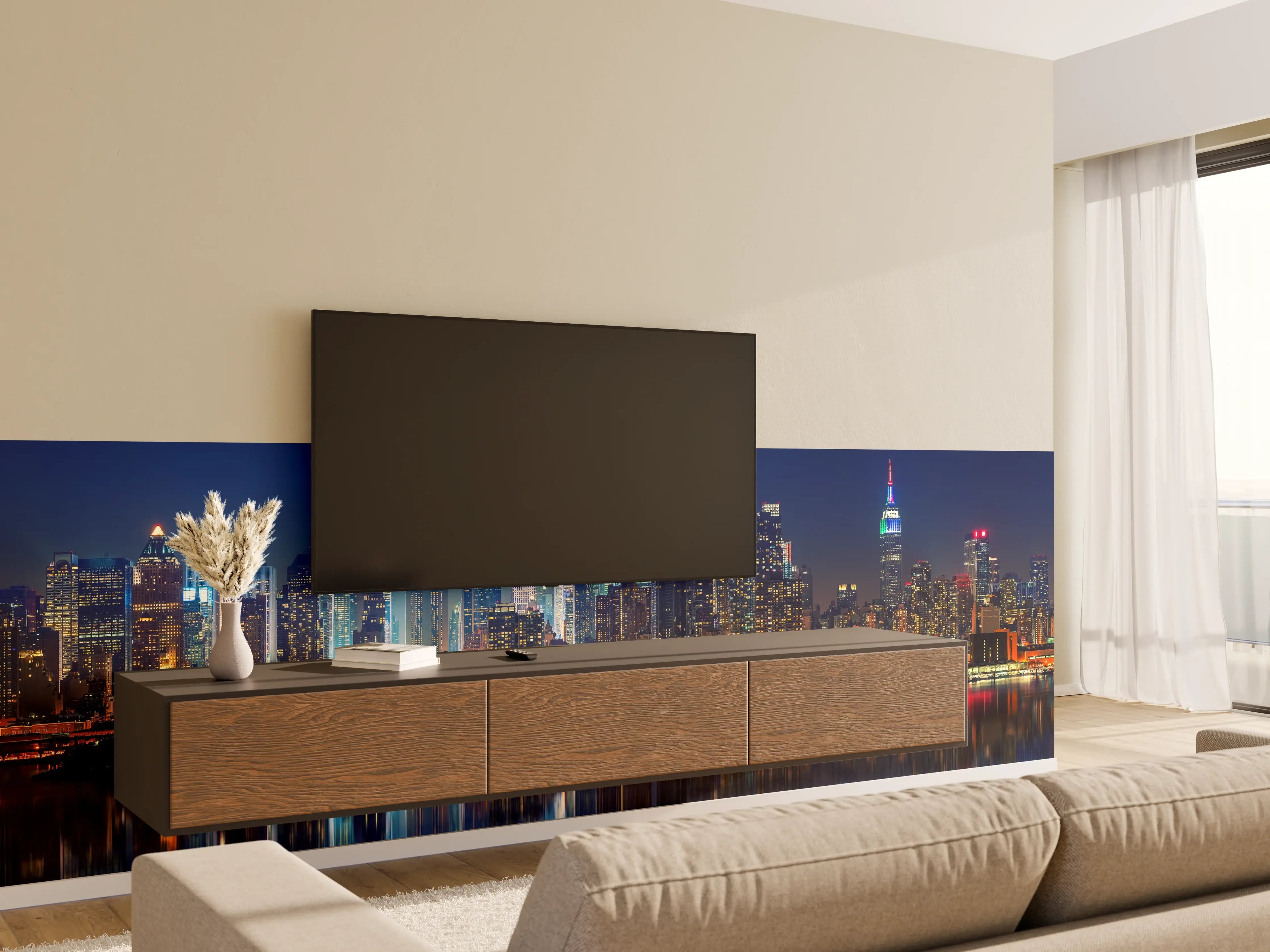 Wandverkleidung Wohnzimmer - Nachtgrau leuchtende Skyline