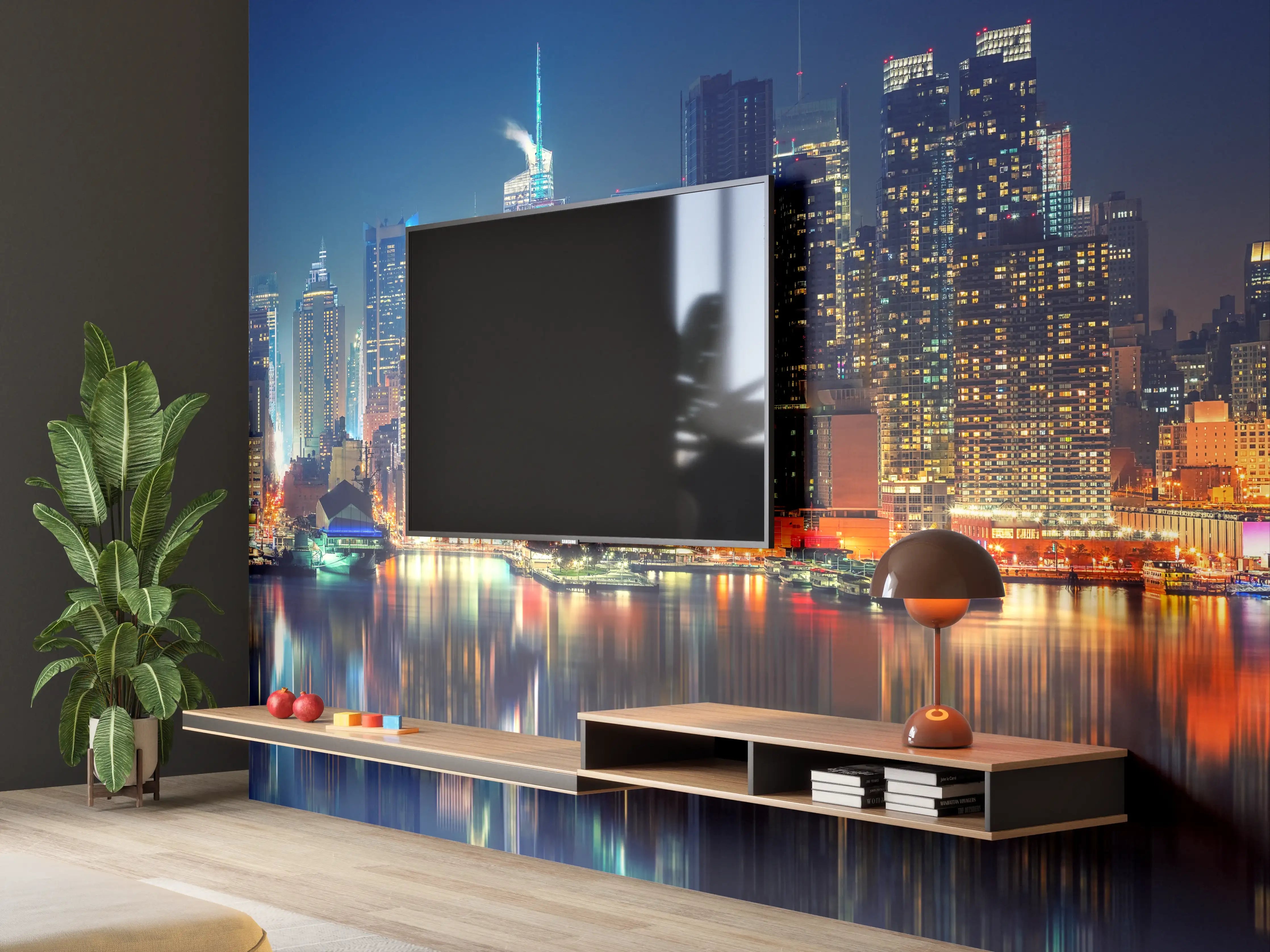 Wandverkleidung Wohnzimmer - Nachtgrau leuchtende Skyline