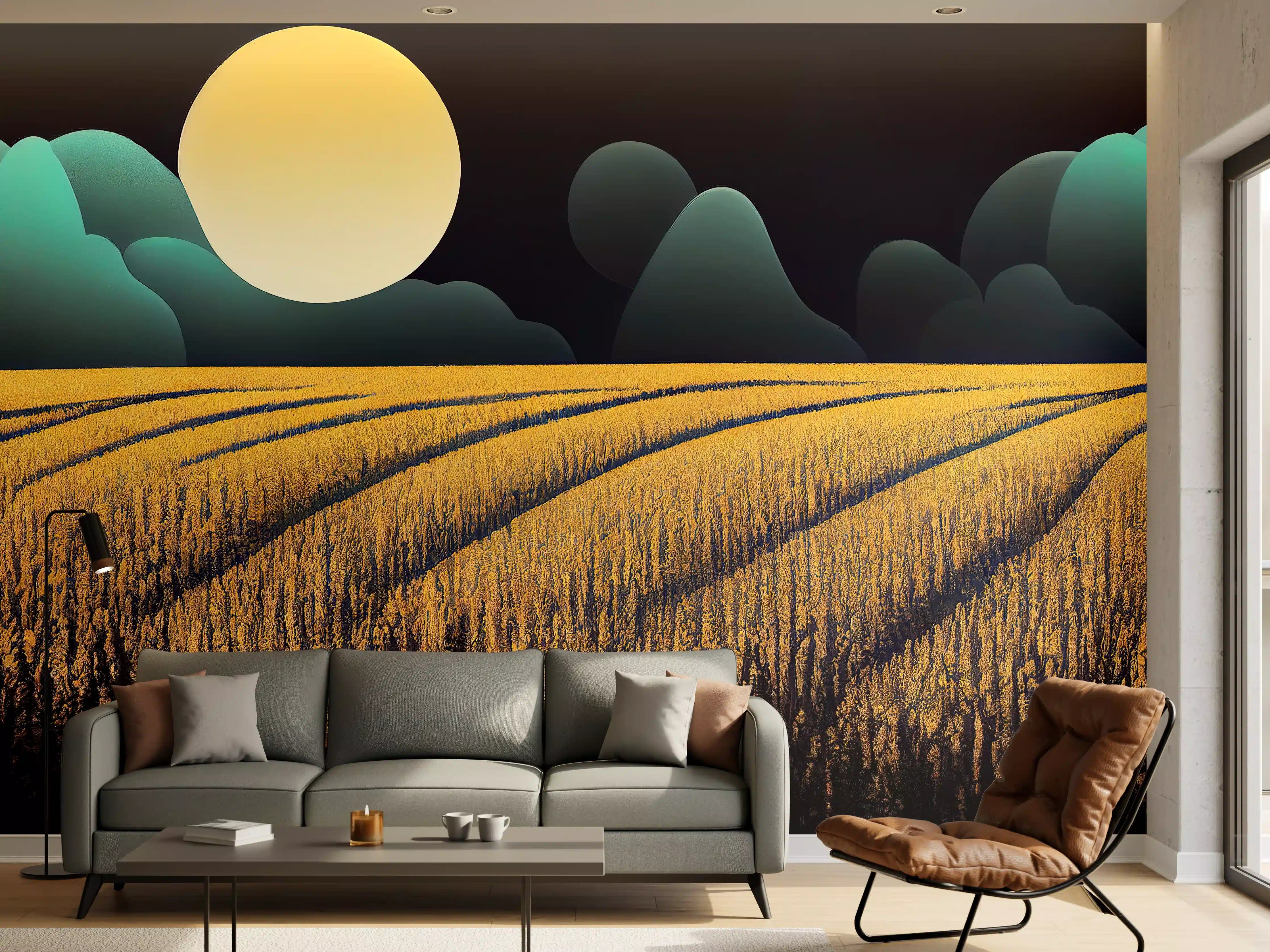 Wandverkleidung Wohnzimmer - Nächtliche Weizenfeld-Landschaft bei Vollmond