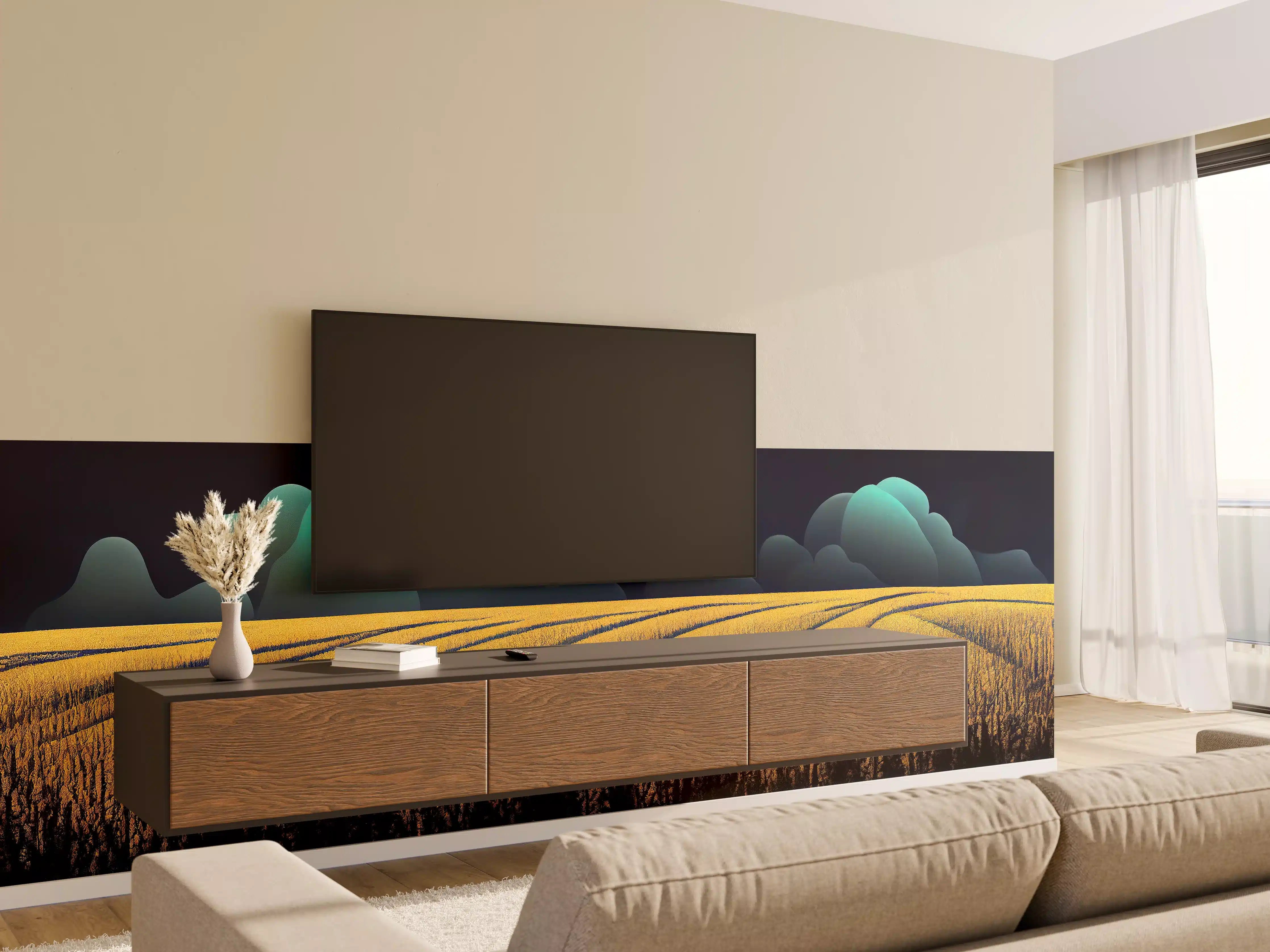 Wandverkleidung Wohnzimmer - Nächtliche Weizenfeld-Landschaft bei Vollmond