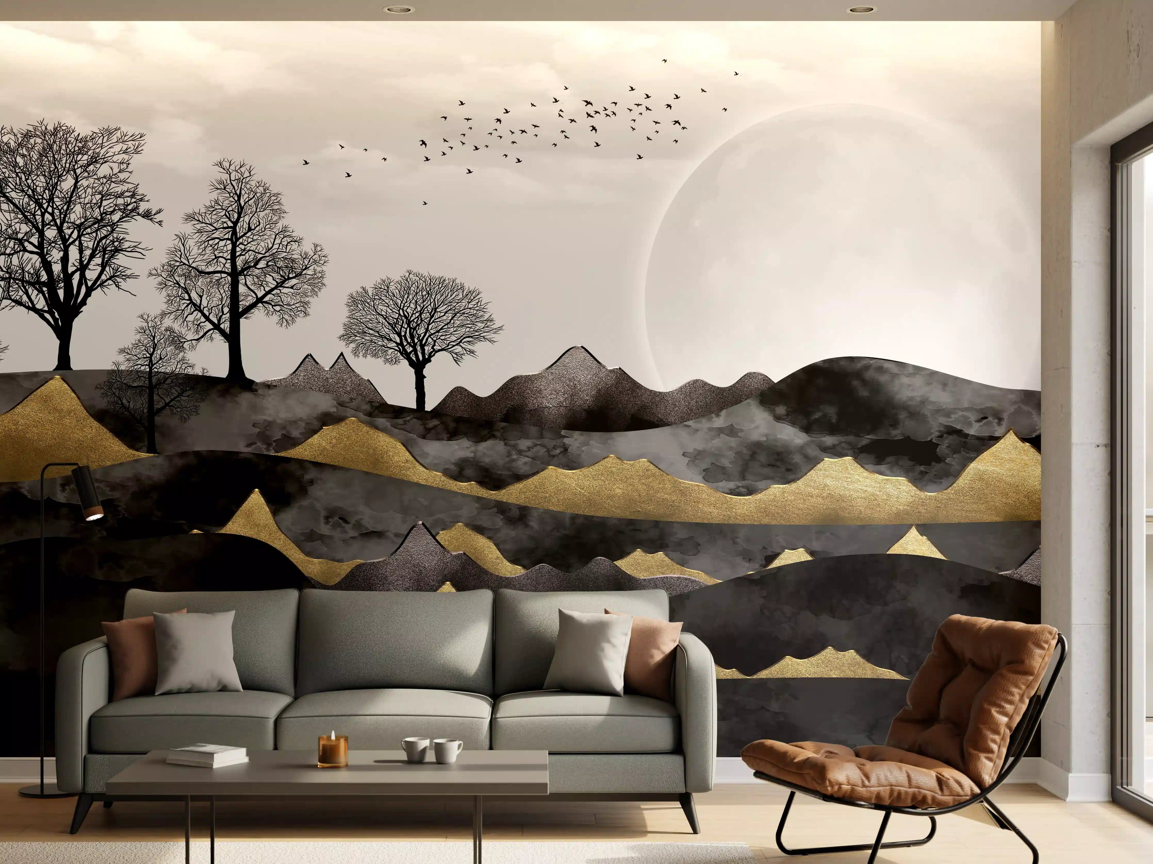 Wandverkleidung Wohnzimmer - Nächtliches Landschaftsdesign - Grafik