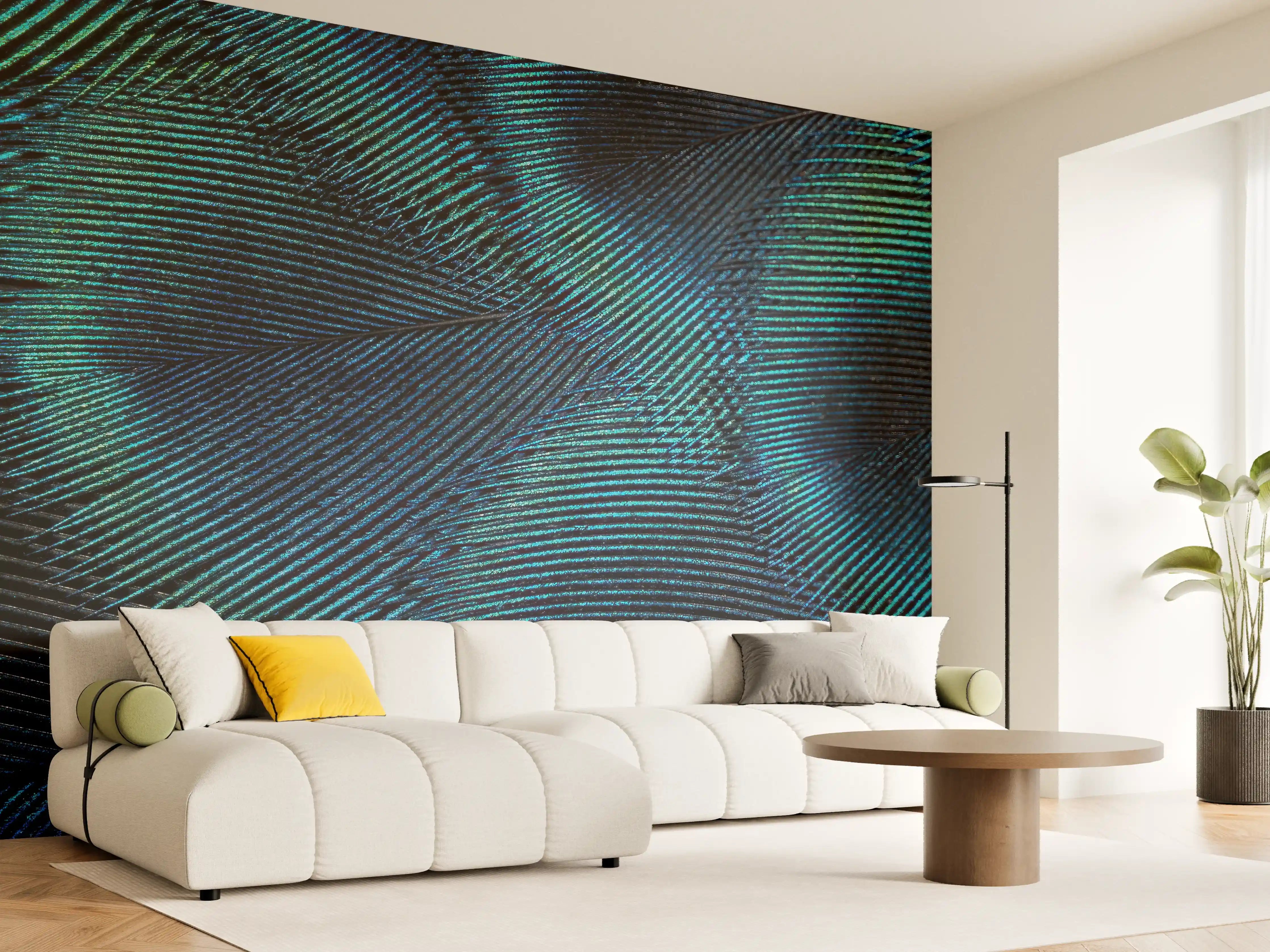 Wandverkleidung Wohnzimmer - Nahaufnahme von Pfauenfedern