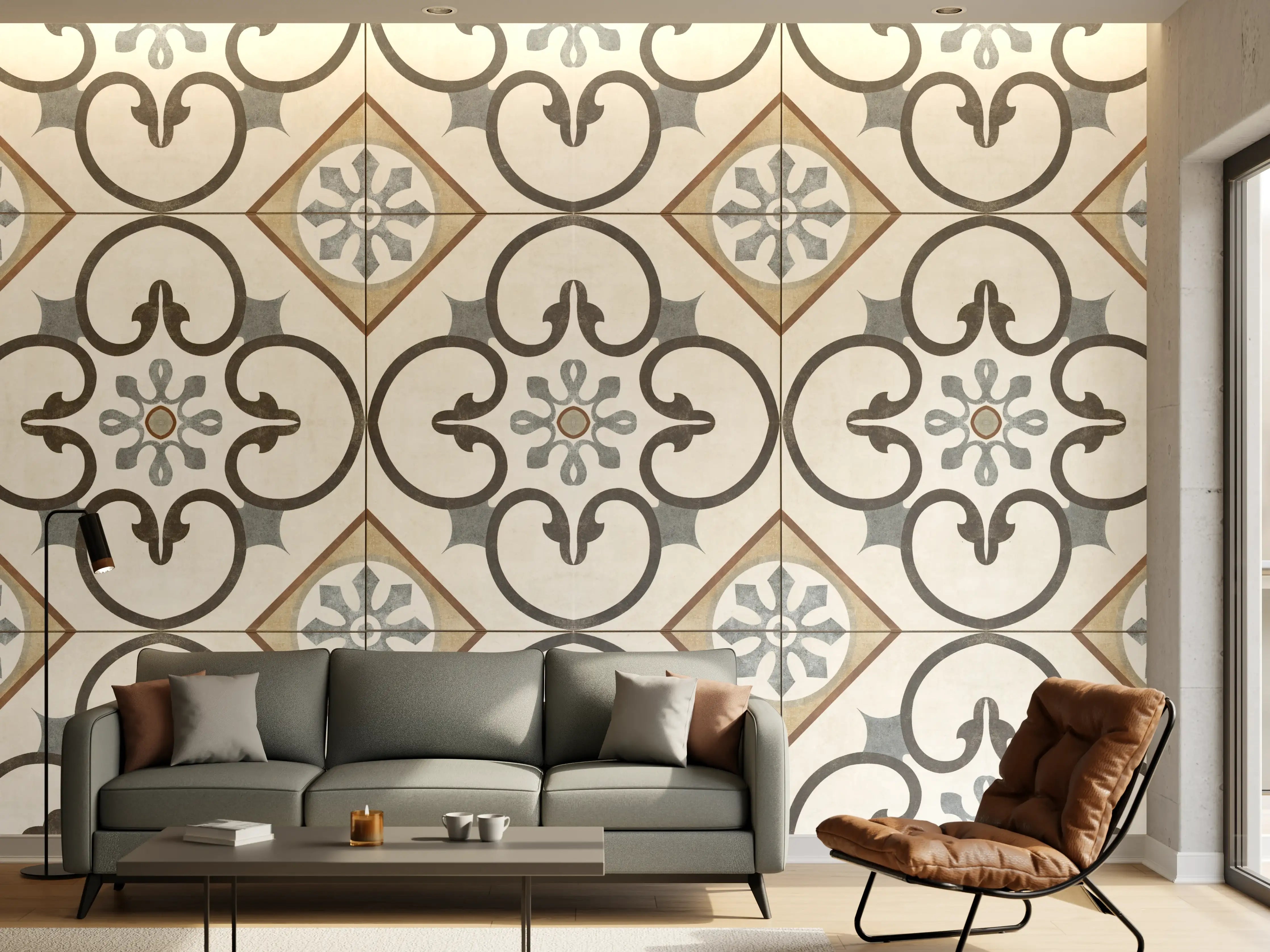 Wandverkleidung Wohnzimmer - Nahtlose beige graue Fliesen