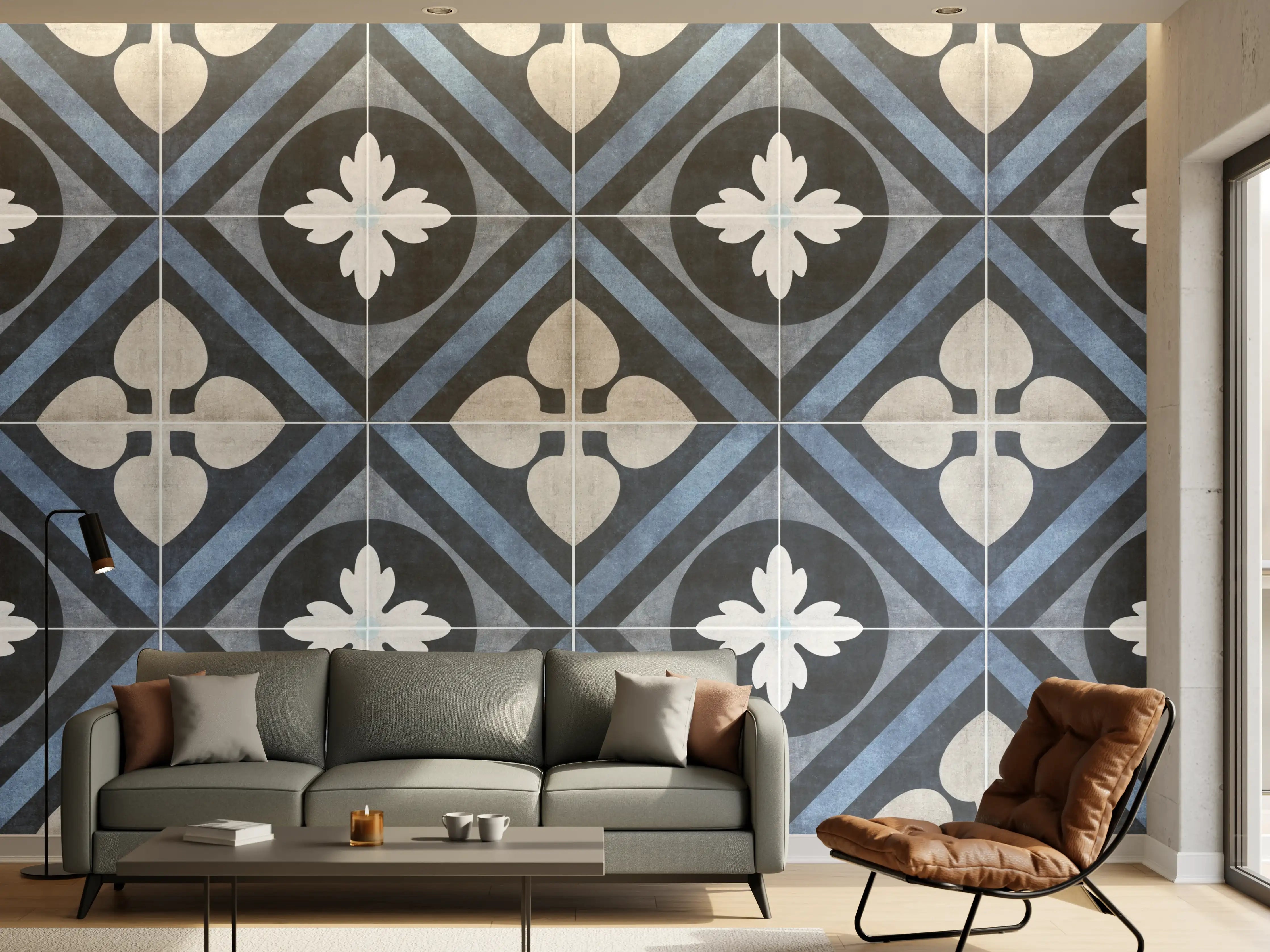 Wandverkleidung Wohnzimmer - Nahtlose blau weiße vintage Fliesen