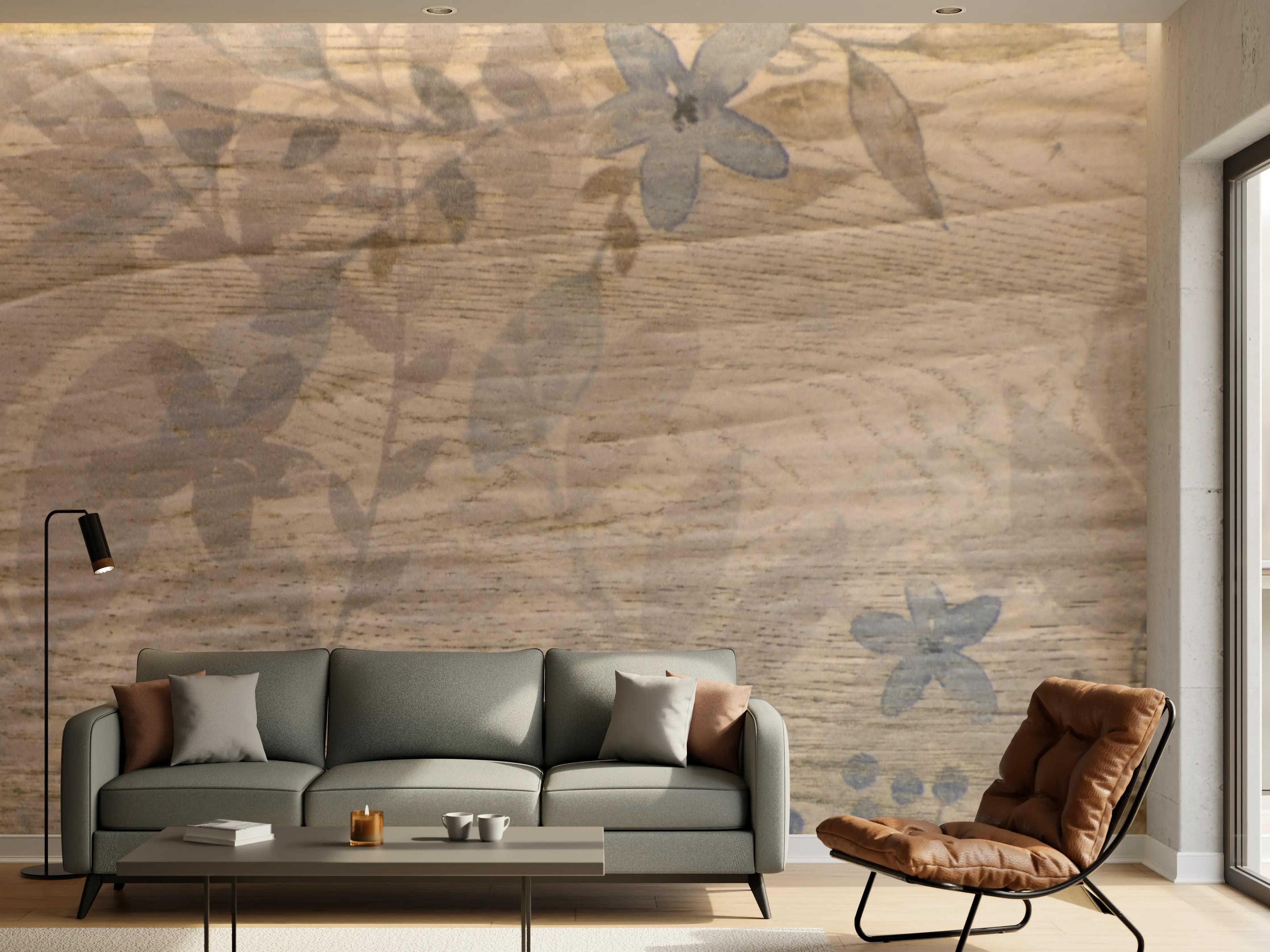 Wandverkleidung Wohnzimmer - Natürliche Holzhintergrund mit Pflanzenmuster