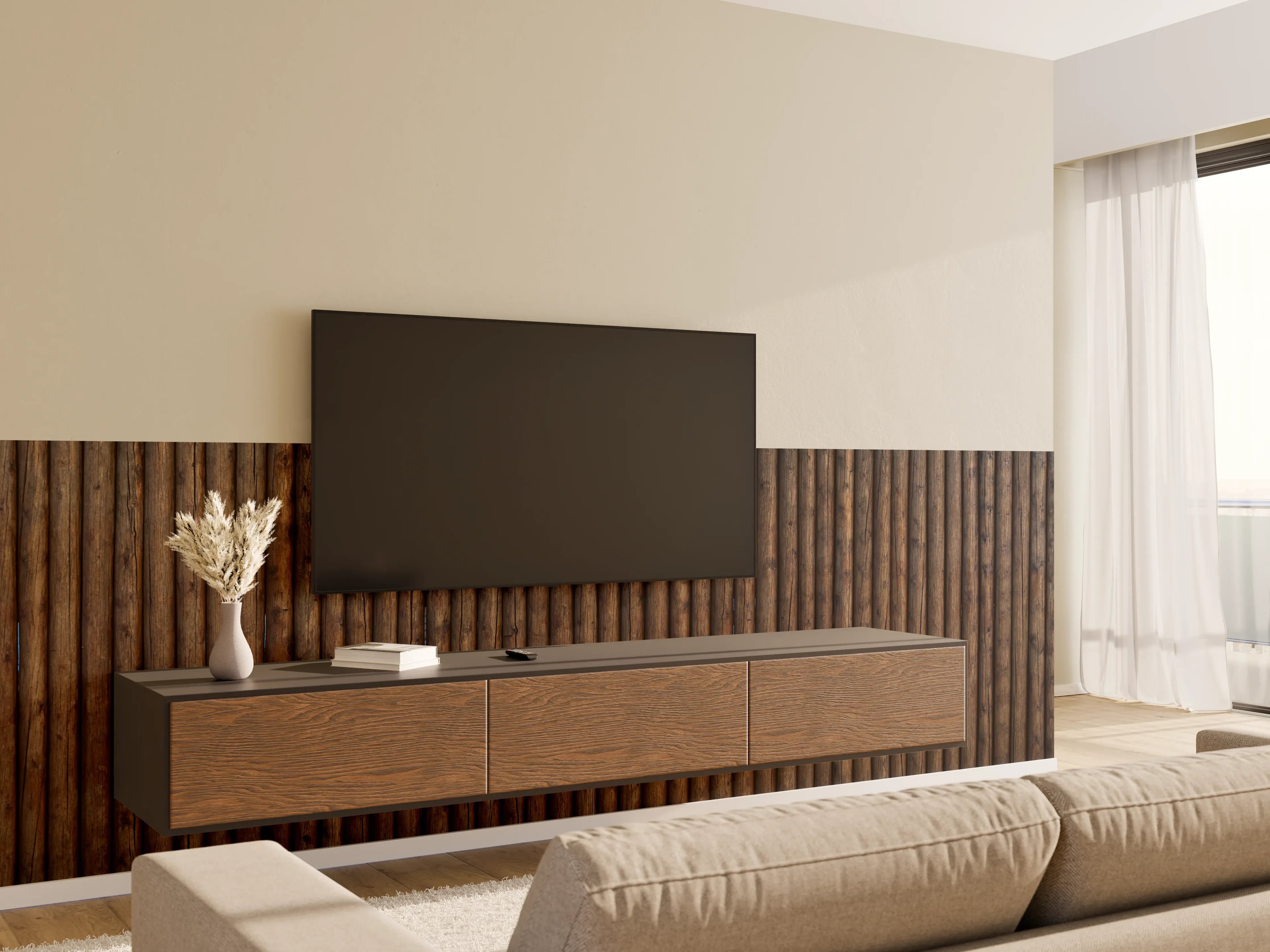 Wandverkleidung Wohnzimmer - Natürliche Holzvertäfelung mit Grautönen