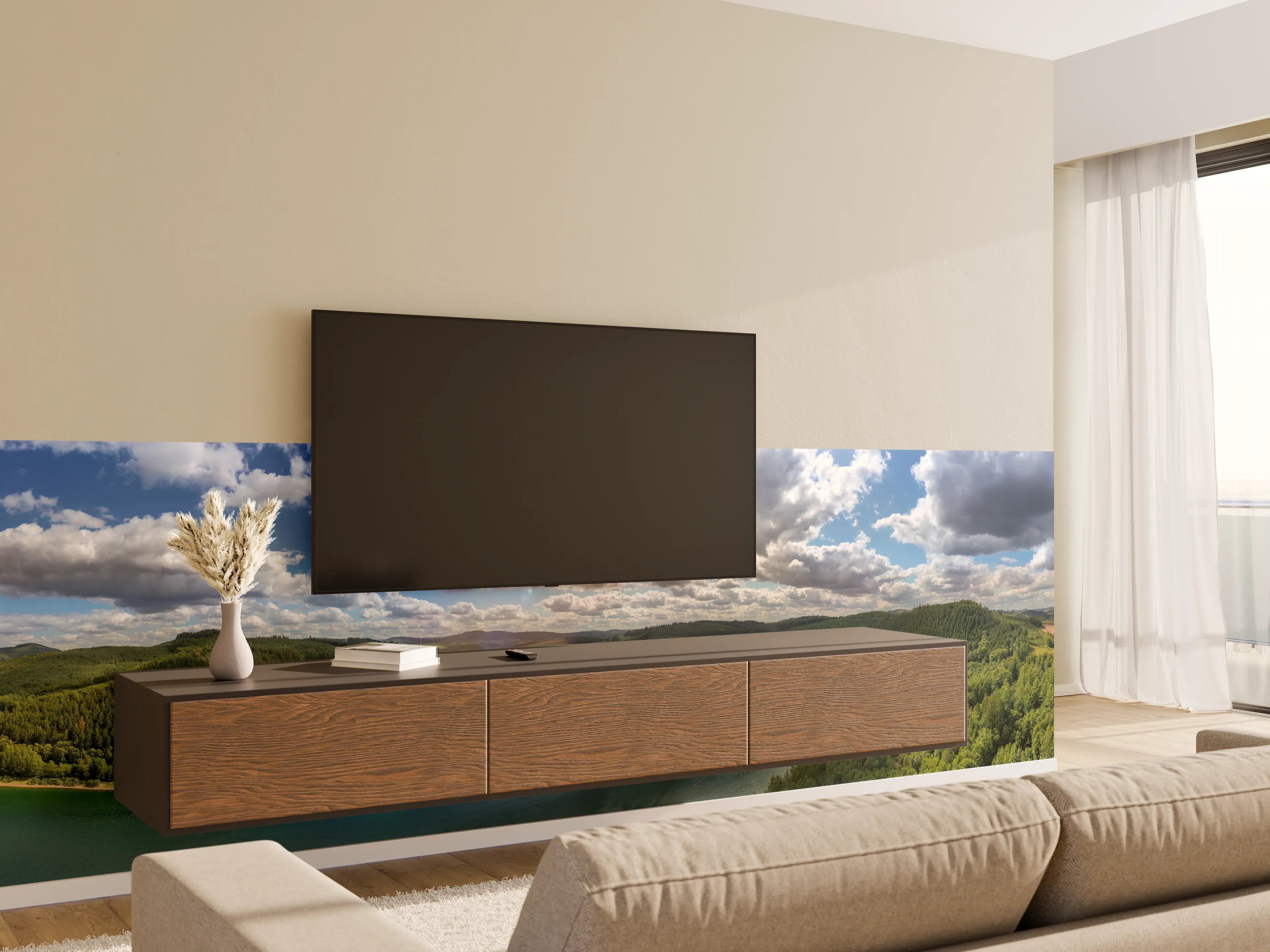 Wandverkleidung Wohnzimmer - Natürliche Seenlandschaft bei Sonnenlicht