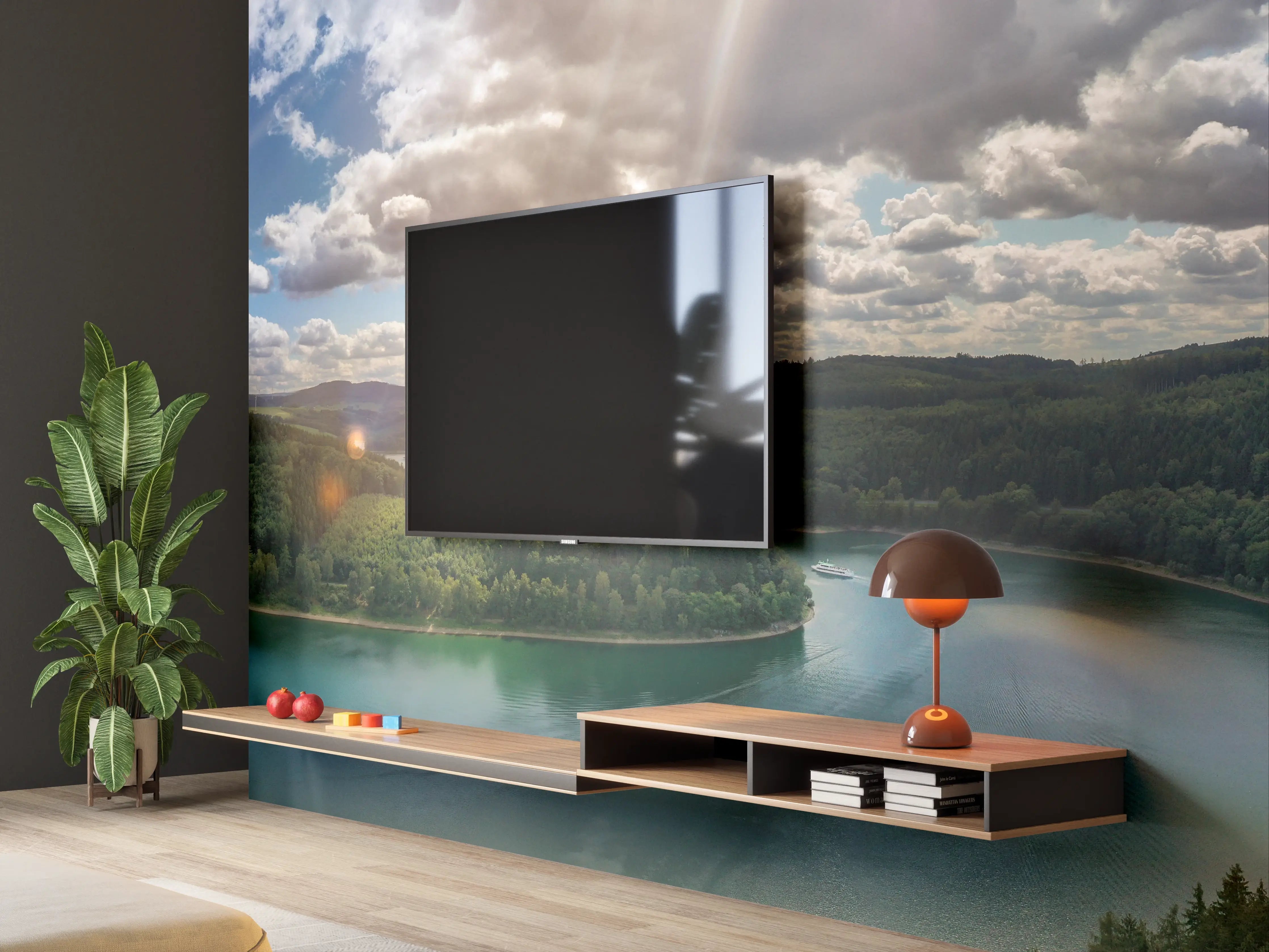 Wandverkleidung Wohnzimmer - Natürliche Seenlandschaft bei Sonnenlicht