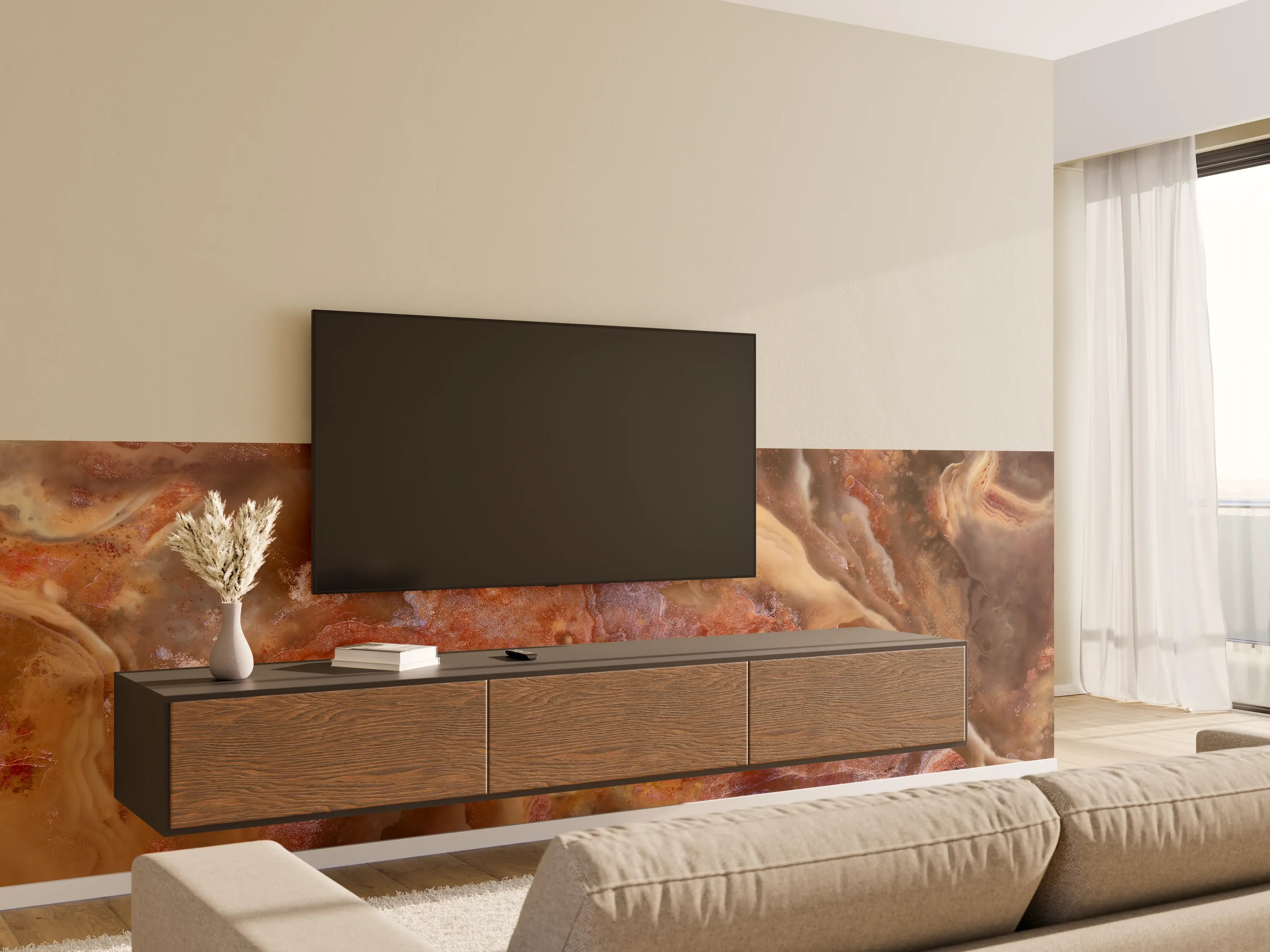 Wandverkleidung Wohnzimmer - Natürliche Steinstruktur in warmen Tönen