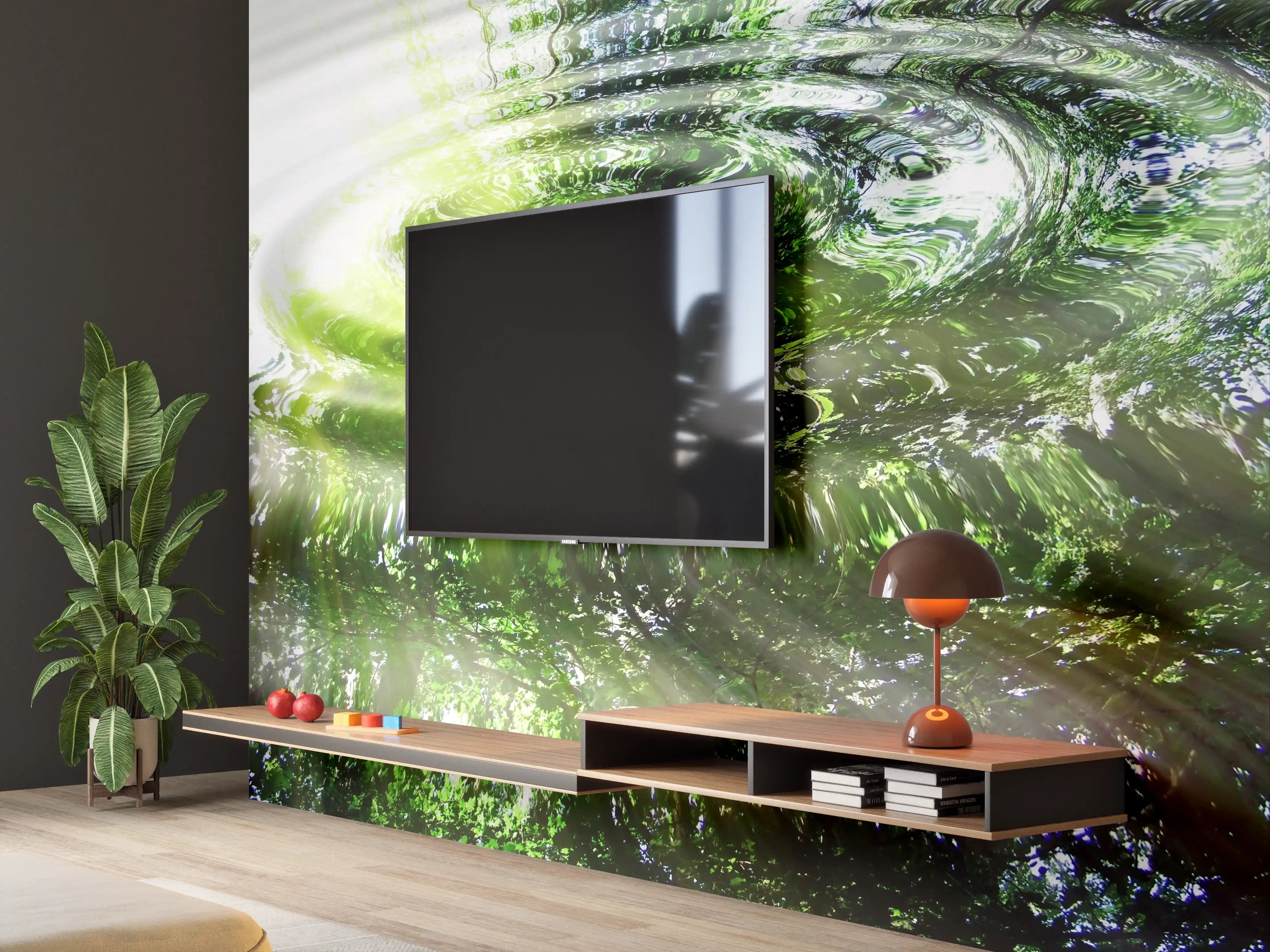 Wandverkleidung Wohnzimmer - Natürliche Wasserreflexionen in Grünschattierung