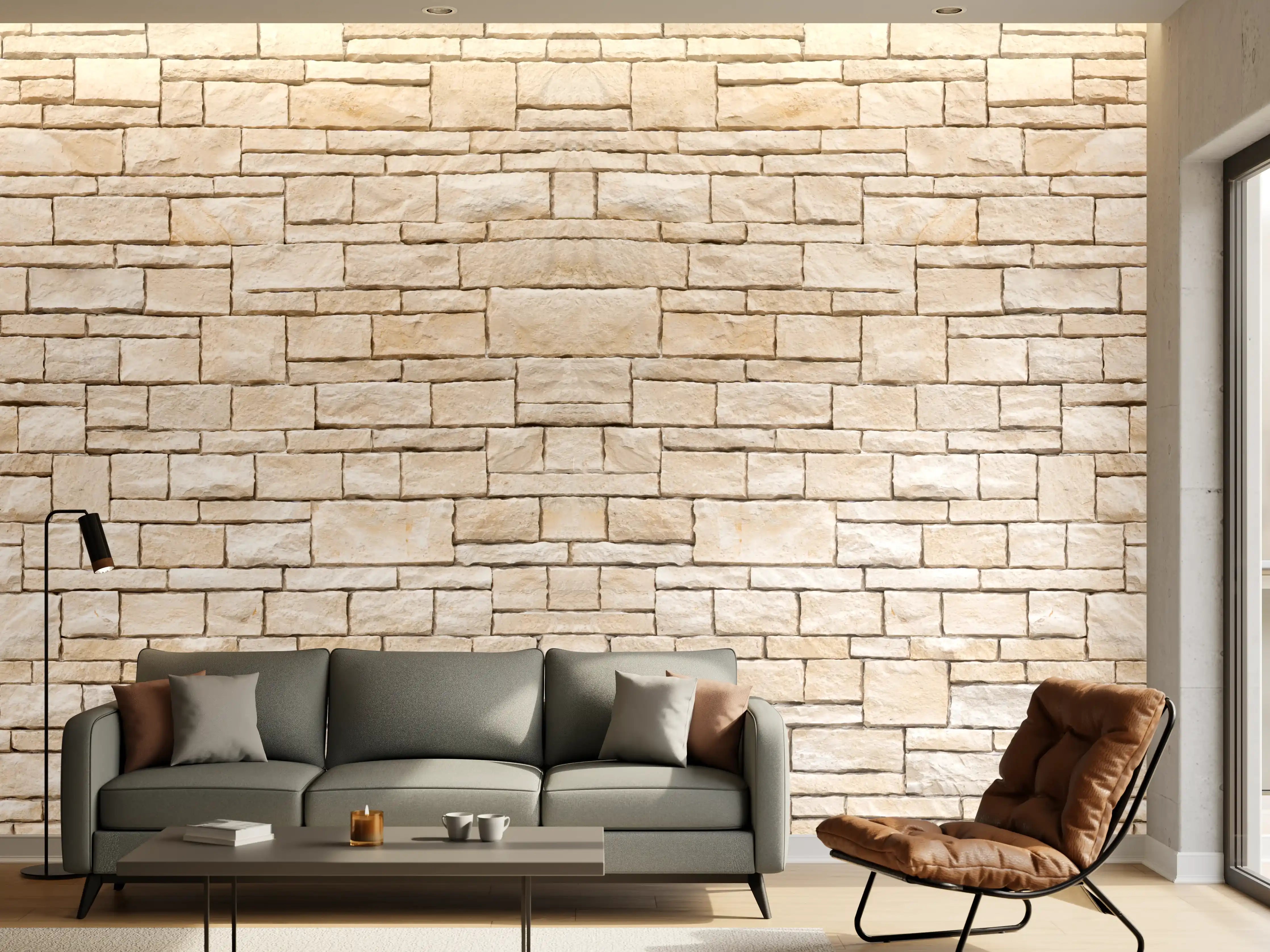 Wandverkleidung Wohnzimmer - Natürliche beige Ziegelwand