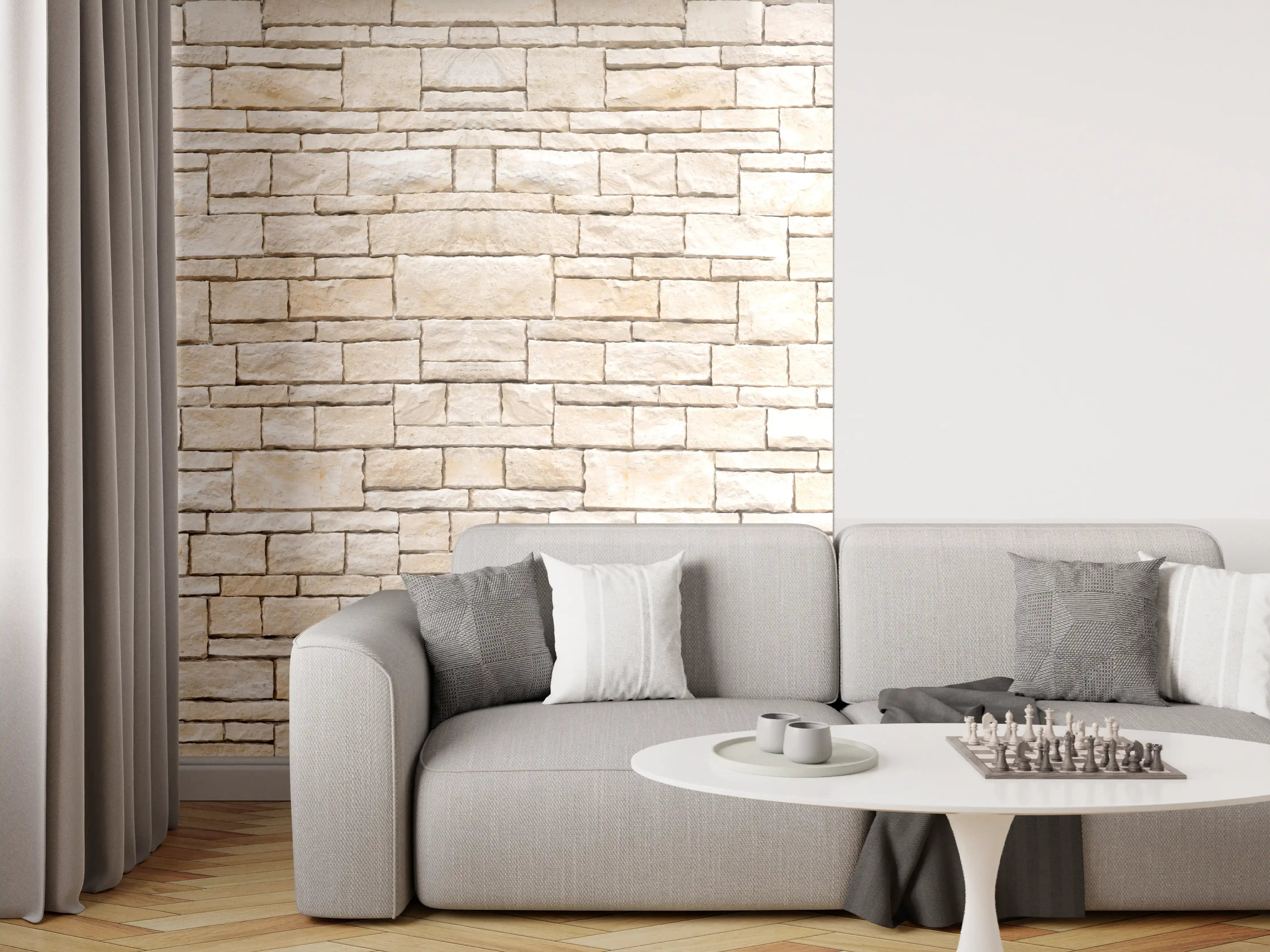 Wandverkleidung Wohnzimmer - Natürliche beige Ziegelwand